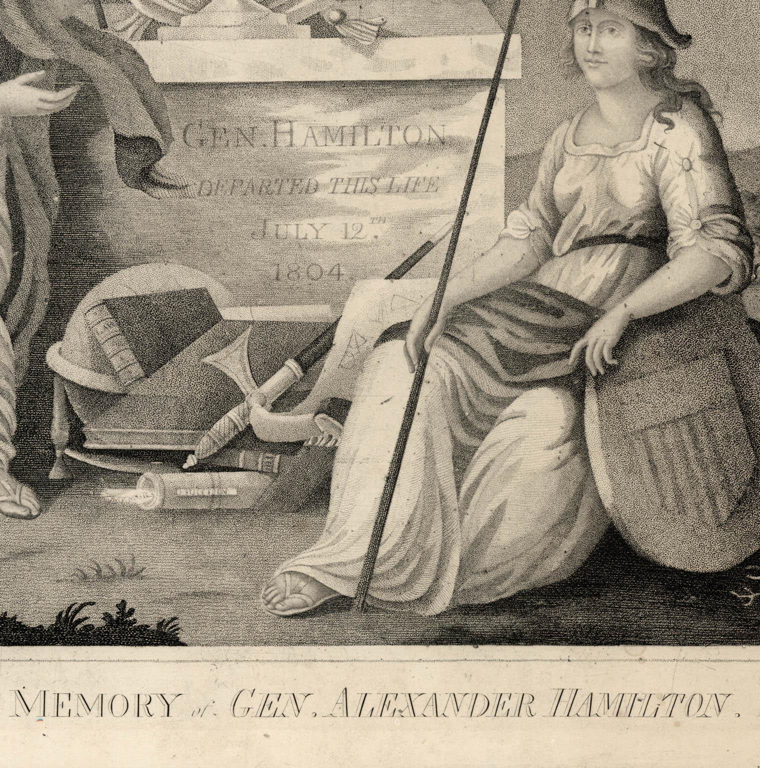Stipple and line engraving, circa 1805. This memorial print was likely created soon after Hamilton’s death.  It is very rare with two impressions in the Library of Congress and one in the Museum of the City of New York.  “ J. Scoles, Sculpt. ‘Gen.