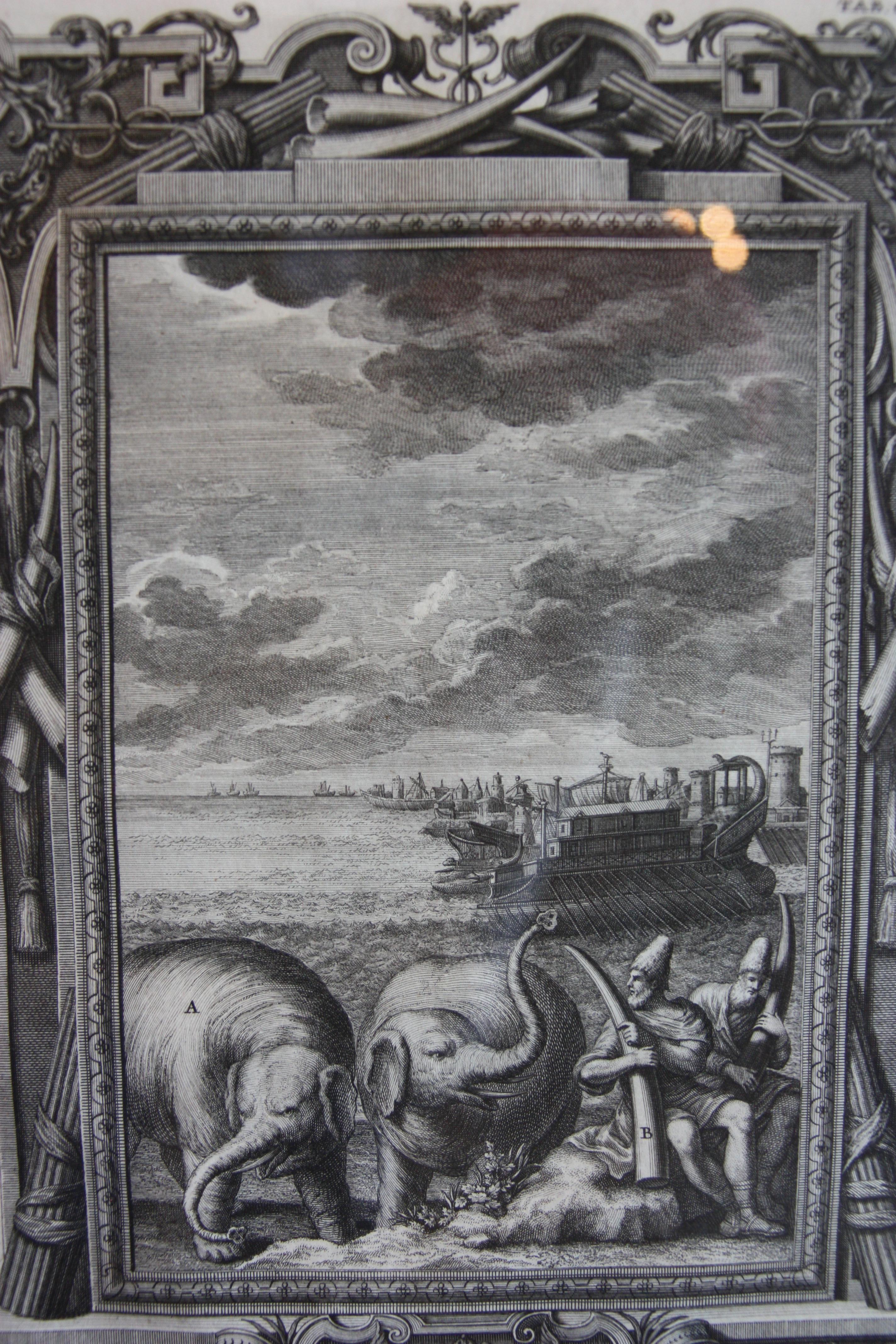 Copper Plate Engraving of a Pair of Elephants and Nautical Scene - Print by Unknown