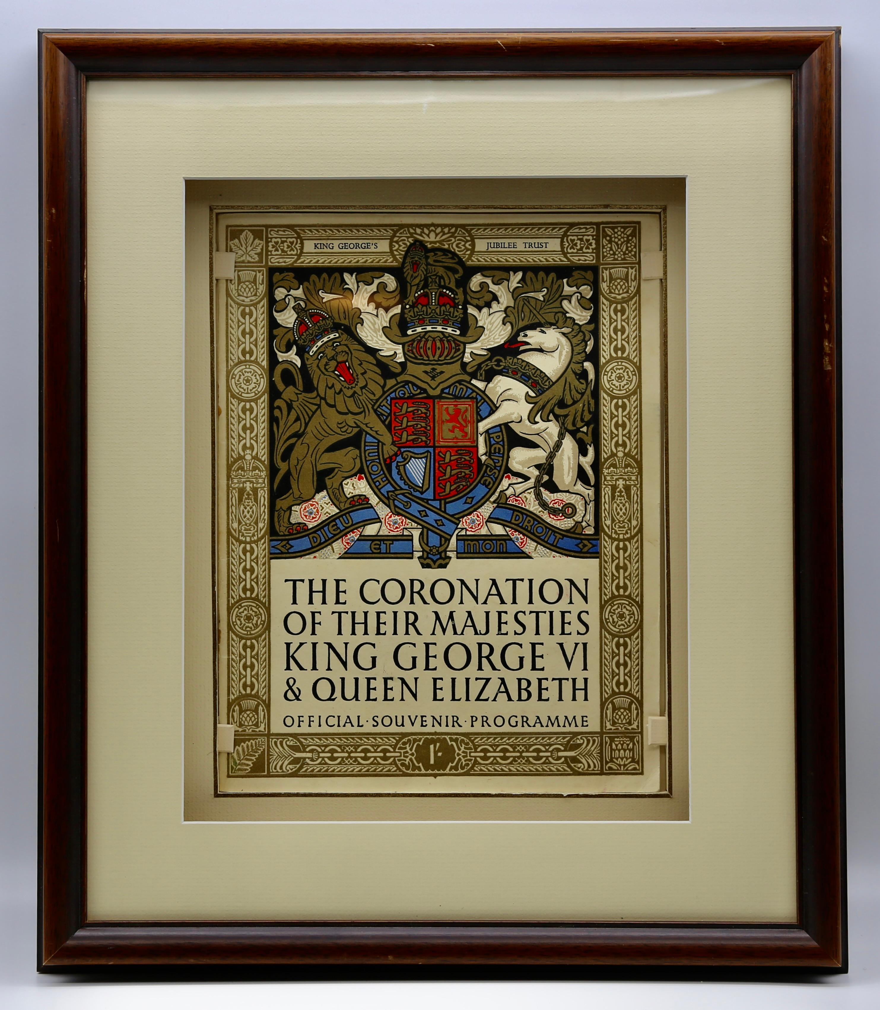 Official Vintage 1937 program of the Coronation of King George and Queen Elizabeth. Framed in a dark brown wood shadowbox with an off-white colored mat. Back of the frame has three hinges to access the program. Program is complete and is excellent