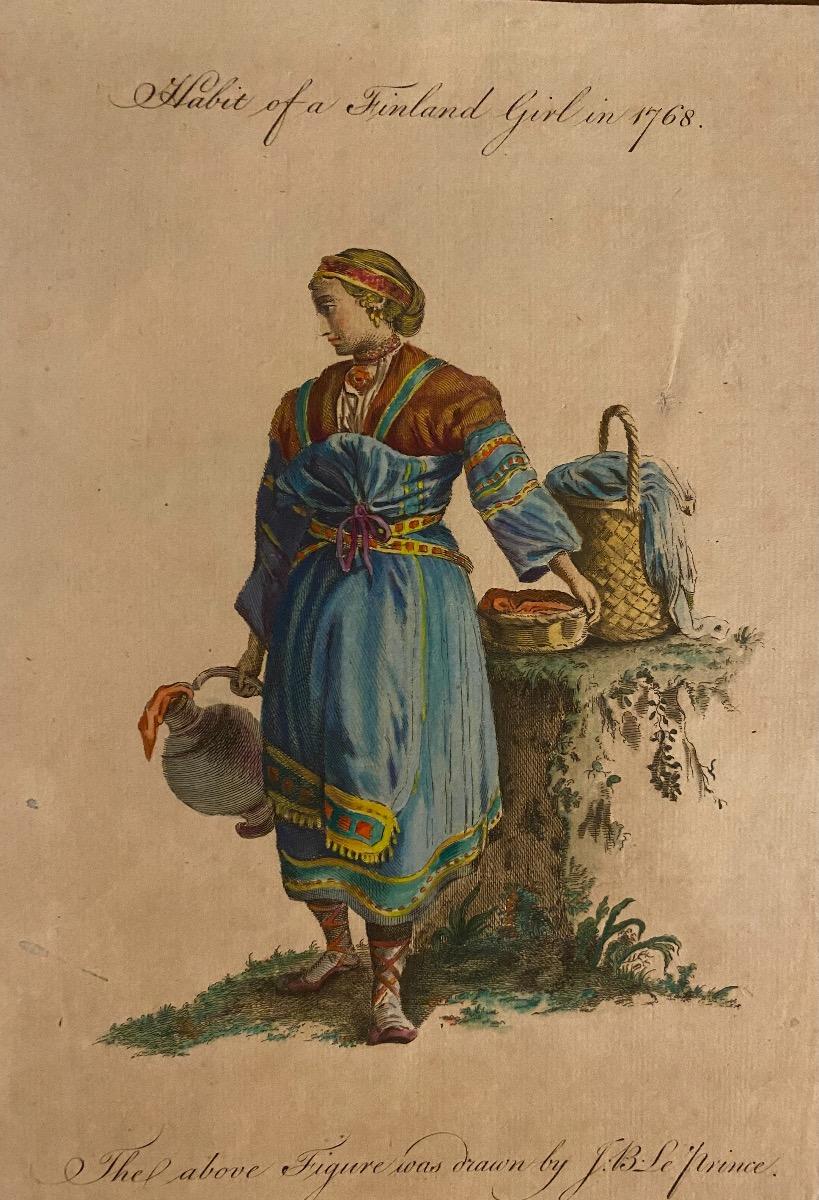 Costume of a Finnish Girl - Original Watercolor Etching by J.B. Le Prince