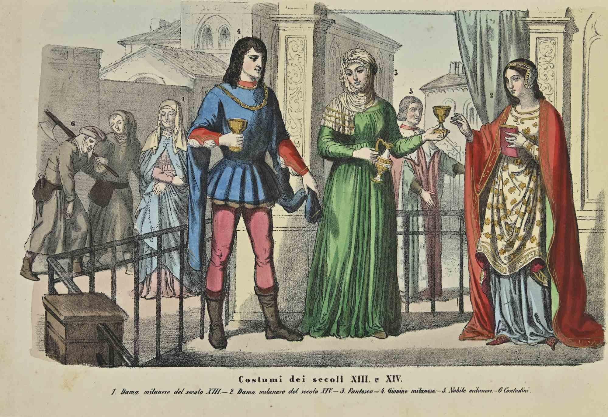 Unknown Figurative Print - Costumes of the 13th and 14th centuries - Lithograph - 1862