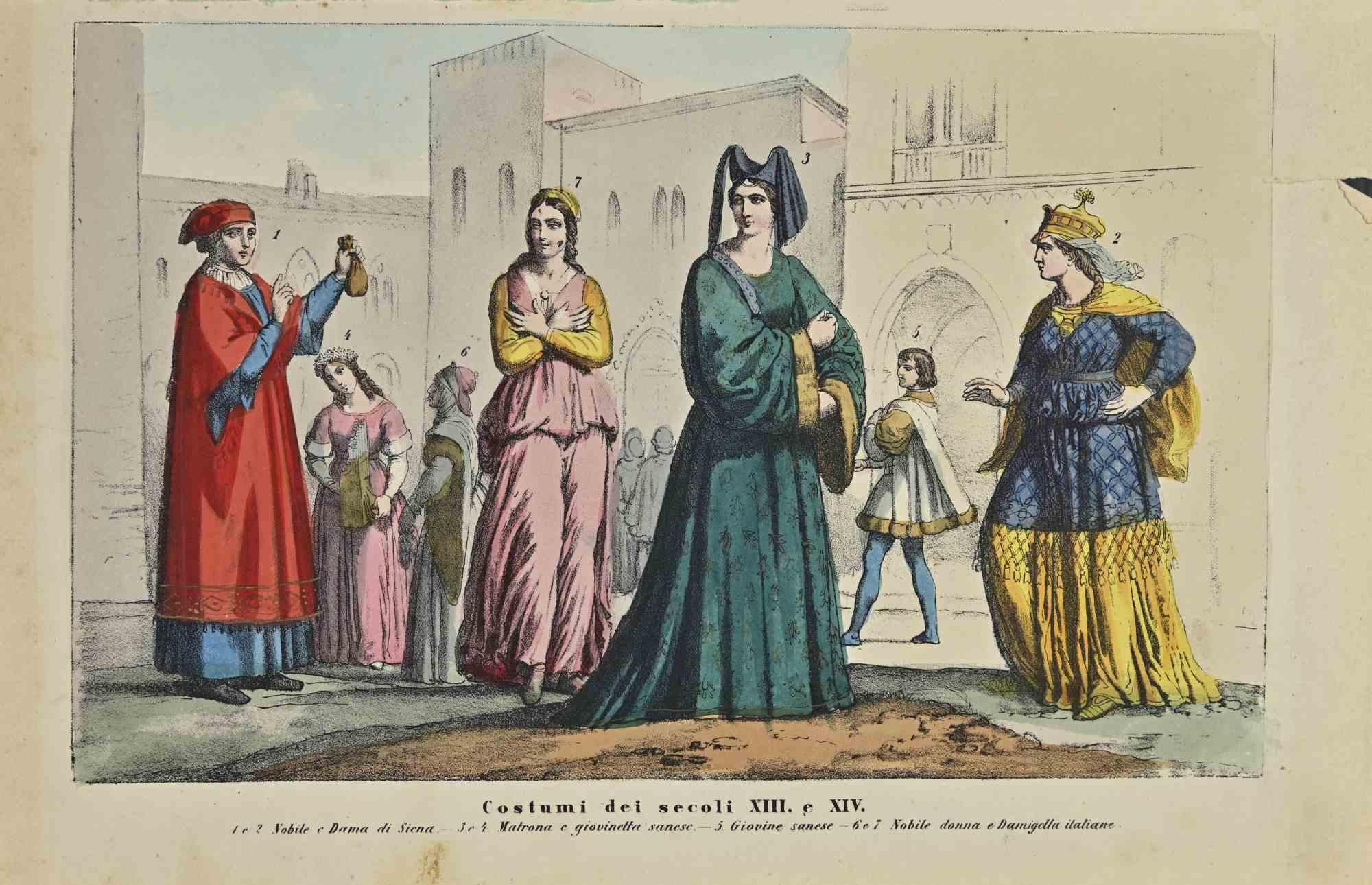 Figurative Print Unknown - Costumes des 13e et 14e siècles - Lithographie - 1862