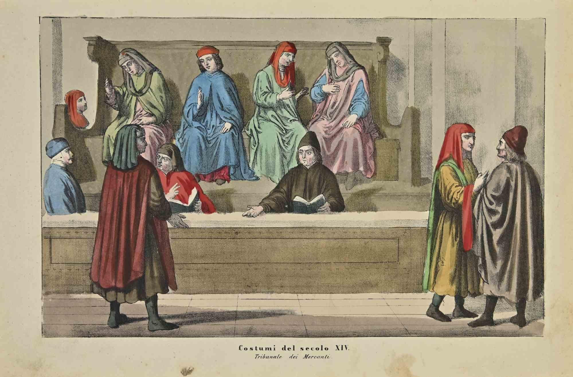 Unknown Figurative Print - Costumes of the 14th centuries - Lithograph - 1862