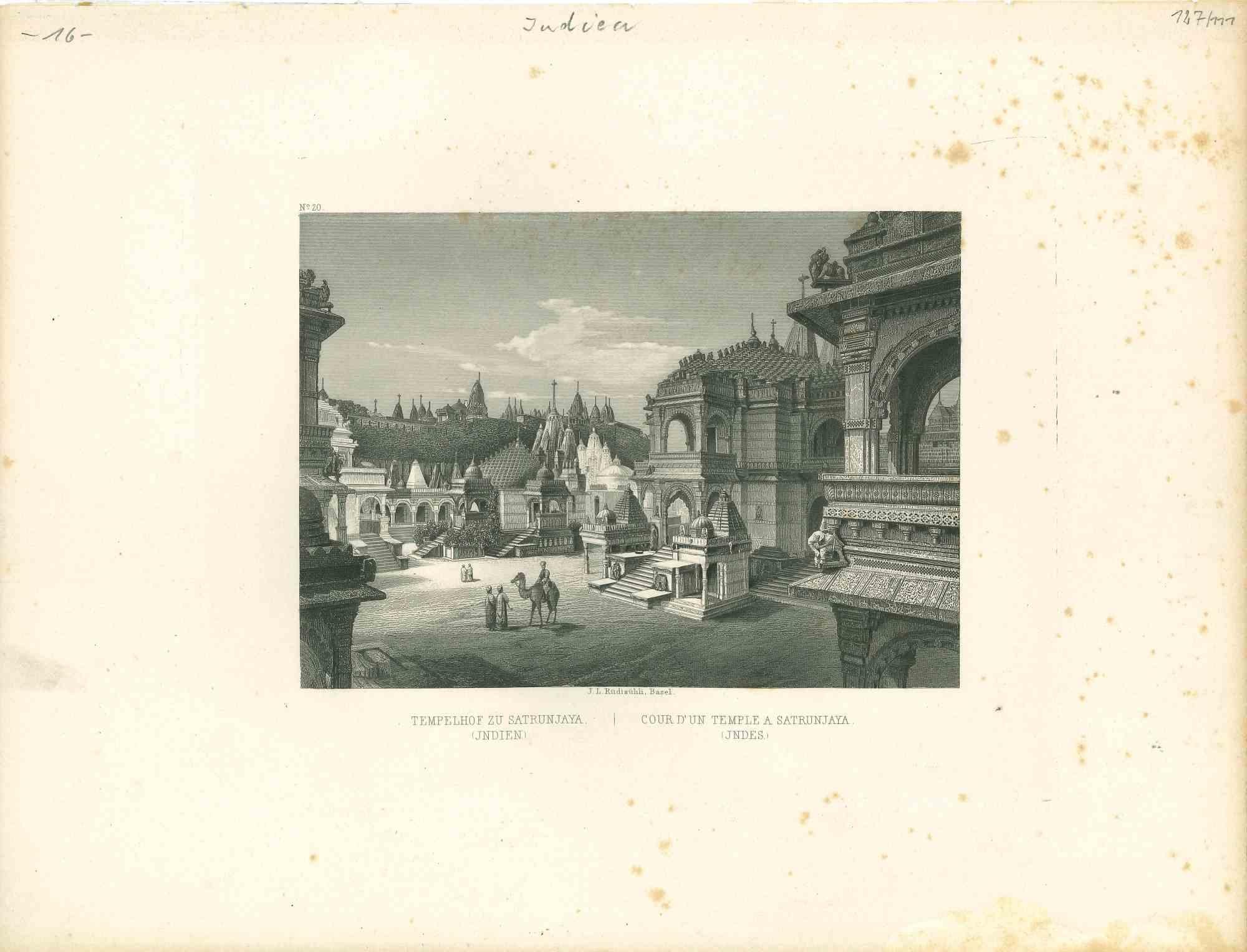 Unknown Landscape Print - Cour d'un Temple a Satrunjaya - Original Lithograph - Half of the 19th Century