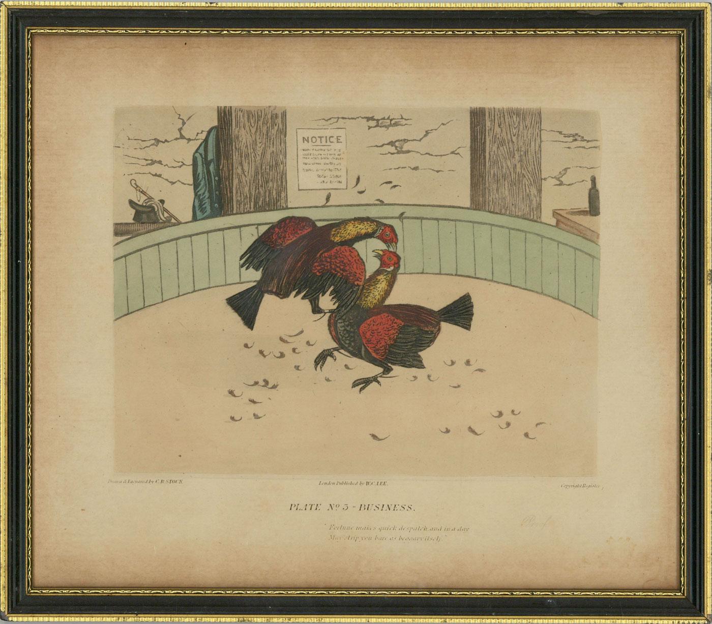 C.R. Stock - Set of Six Early 19th Century Engravings, Cockfighting Series - Beige Animal Print by Unknown
