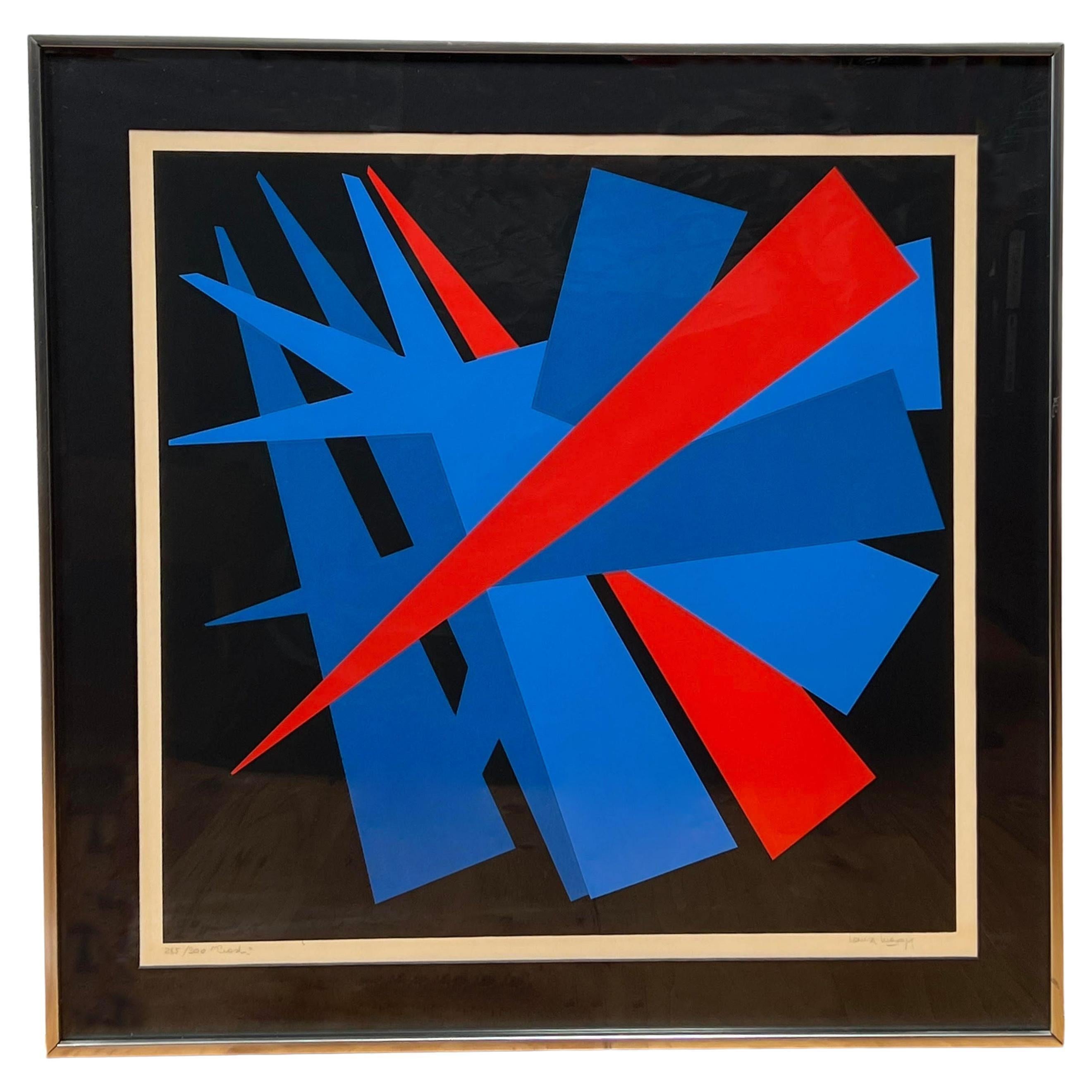 Unknown Abstract Print – Blaue und rote konstruktivistische Lithographie „Crash“