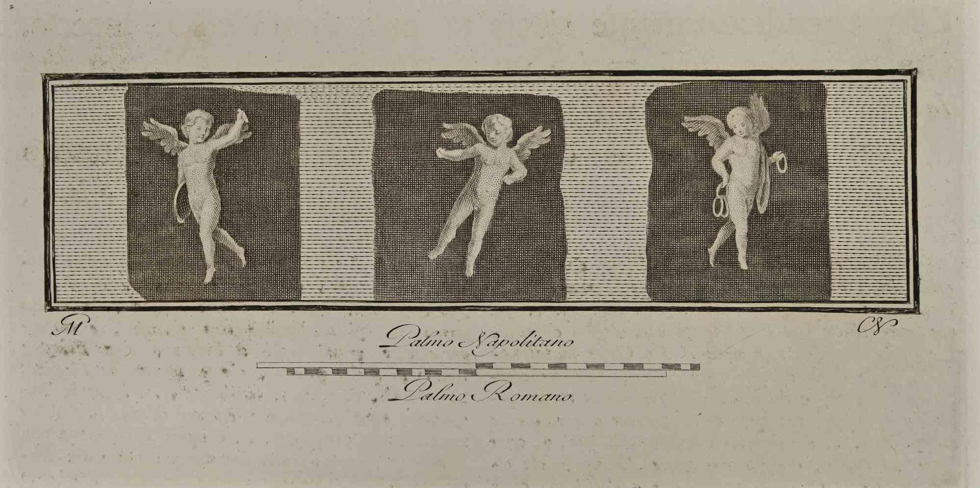 Figurative Print Unknown - Cupidon dans trois cadres, gravure de - 18ème siècle