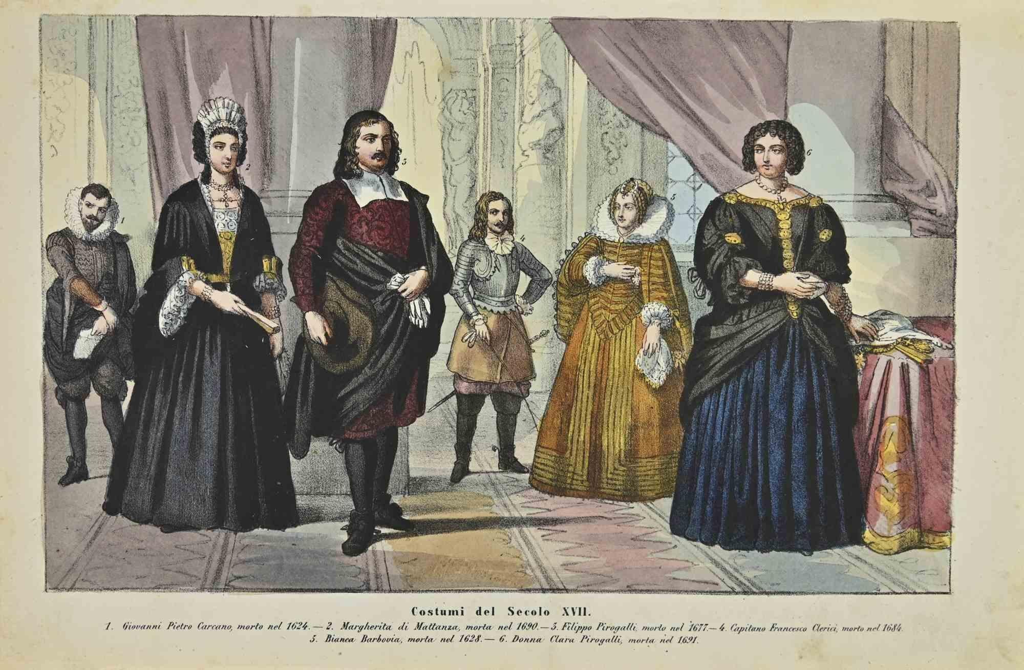 Unknown Figurative Print - Customs of 17th Century - Lithograph - 1862