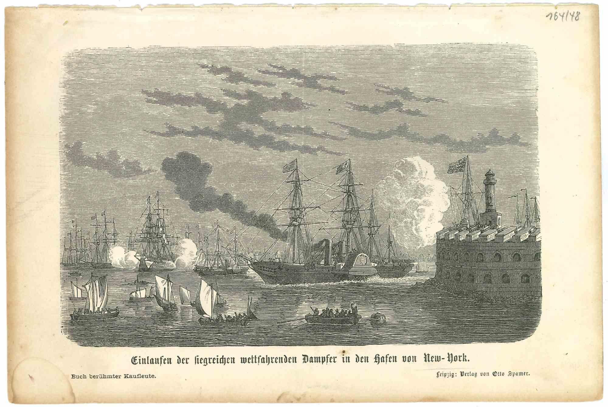 Landscape Print di Unknown - Dämpfer in den Hafen von New York (Damper nel porto di New York) - Metà del XIX secolo