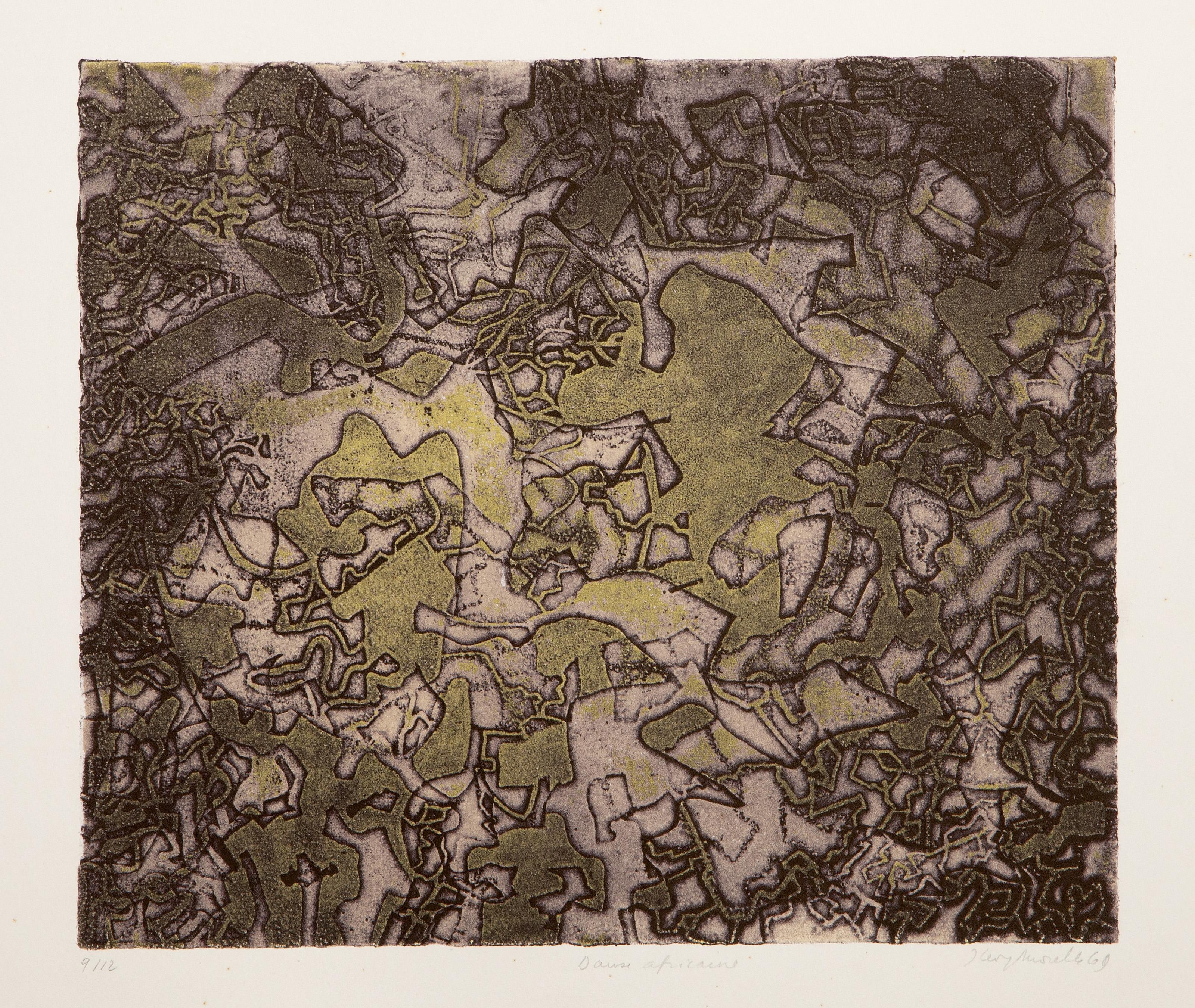 Jacqueline Levy Morelle, Belgian (1921 - 1986) - Dance African, Year: 1969, Medium: Etching and Aquatint on BFK Rives, signed, dated, titled and numbered in pencil, Edition: 9/12, Image Size: 12.5 x 14.5 inches, Size: 19.5 x 25.5 in. (49.53 x 64.77