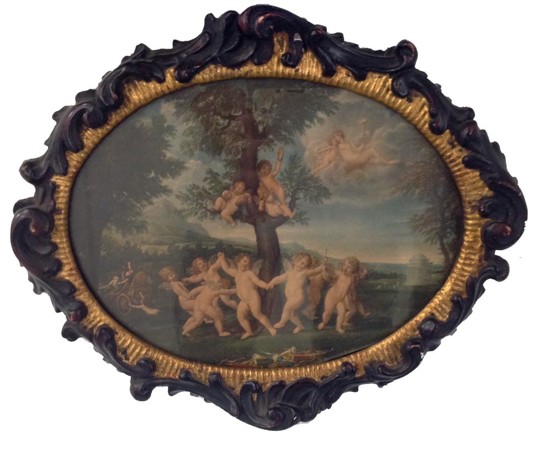 Figurative Print Unknown - Danse des Cupidons, gravure ancienne avec cadre en bois sculpté