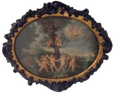 Danse des Cupidons, gravure ancienne avec cadre en bois sculpté