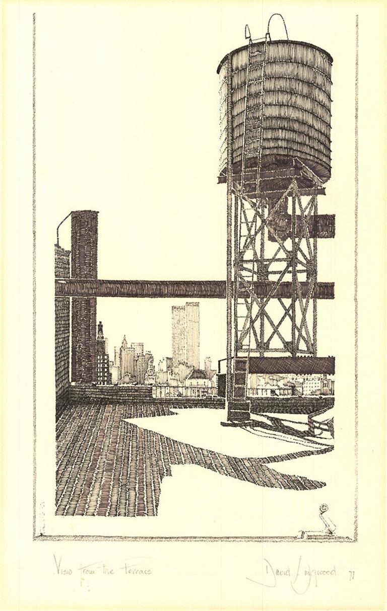 Hand-signed and titled in pencil by the artist, Lingwood captures a tranquil NYC rooftop scene from an era when only one skyscraper—the World Trade Center—stood alone in the skyline. A classic water tank anchors the terrace, embodying old New York.