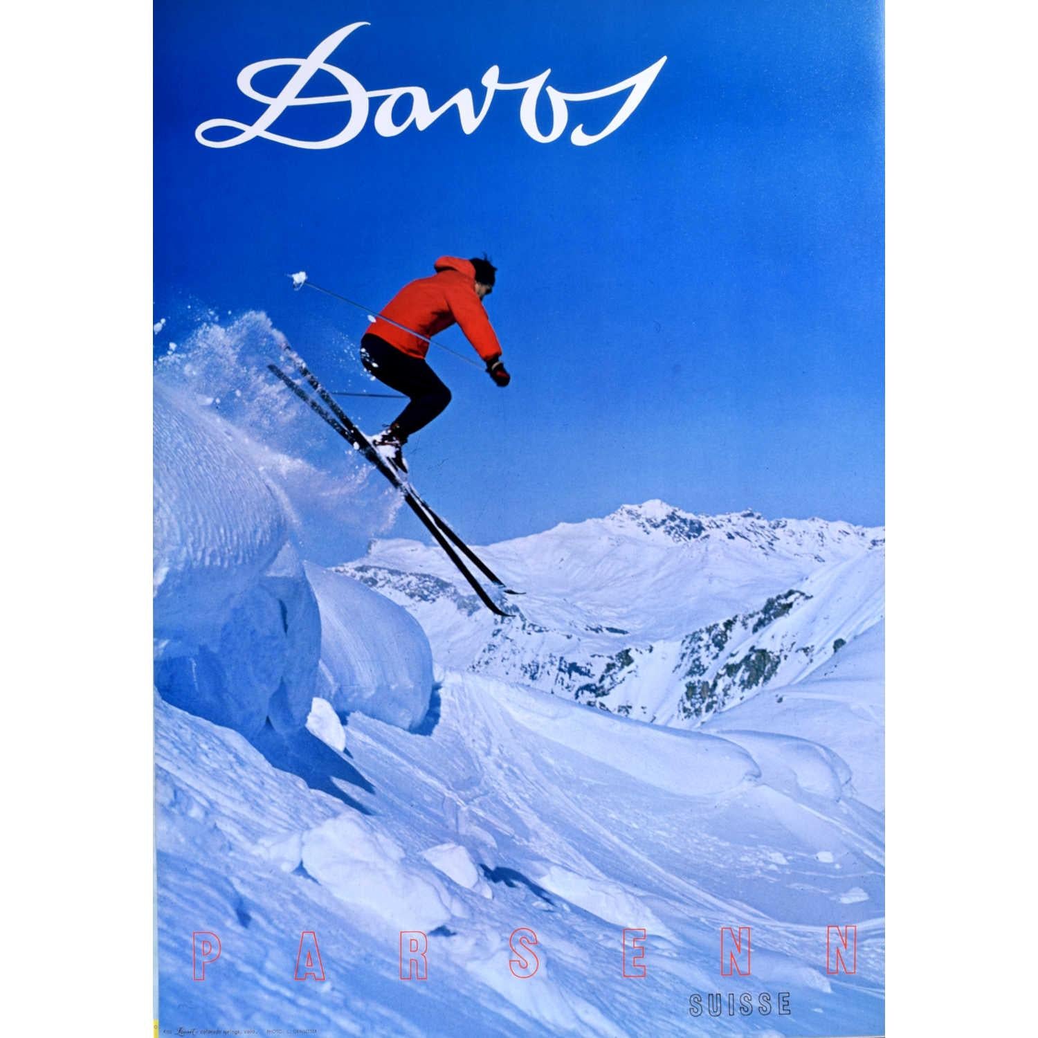 Affiche de ski vintage de Davos, région de Parsenn, Suisse (1968)