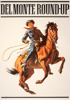 Del Monte Roundup Poster originale d'epoca c1965 Cowboy in camicia blu a cavallo