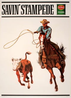 Del Monte Roundup Poster originale d'epoca c1965 Cowboy che prende al lazo una mucca
