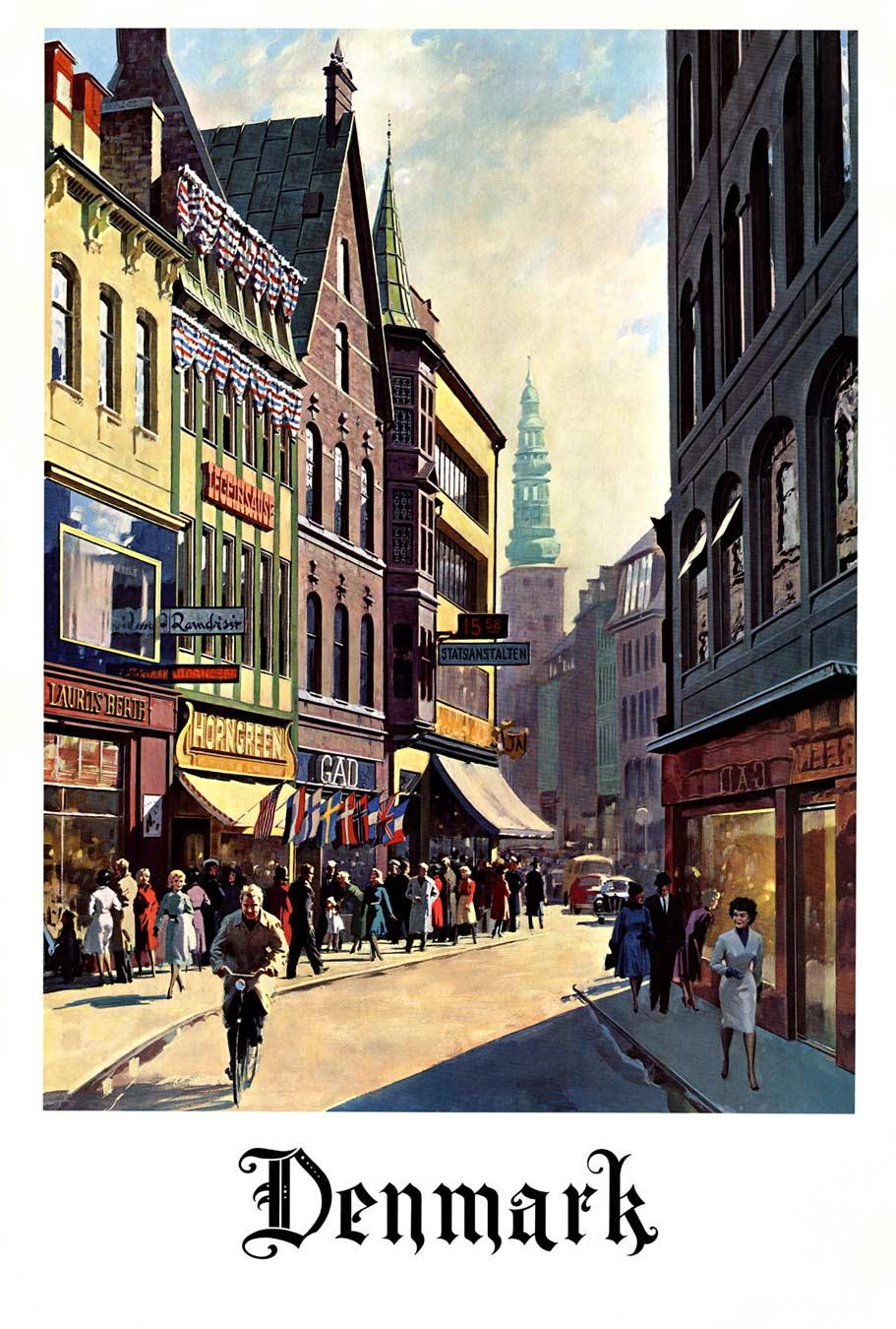 Landscape Print Unknown - Danemark (Copenhague, Indre By) Scène de rue avec tour d'église, début du XXe siècle
