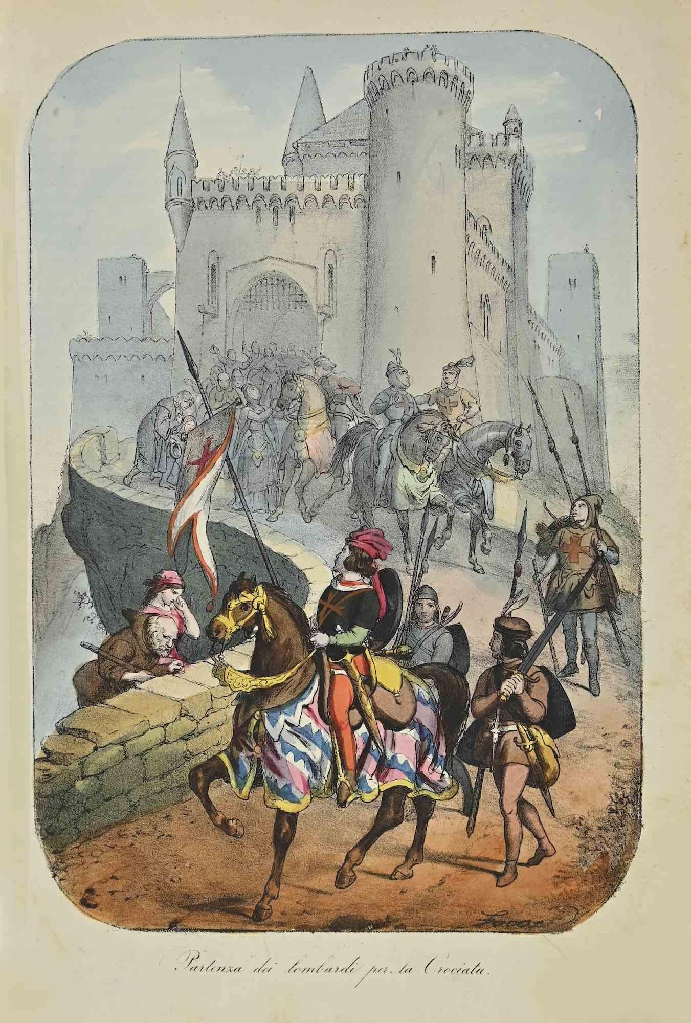 Figurative Print Unknown - Le départ des lombards pour la Crusade - Lithographie - 1862
