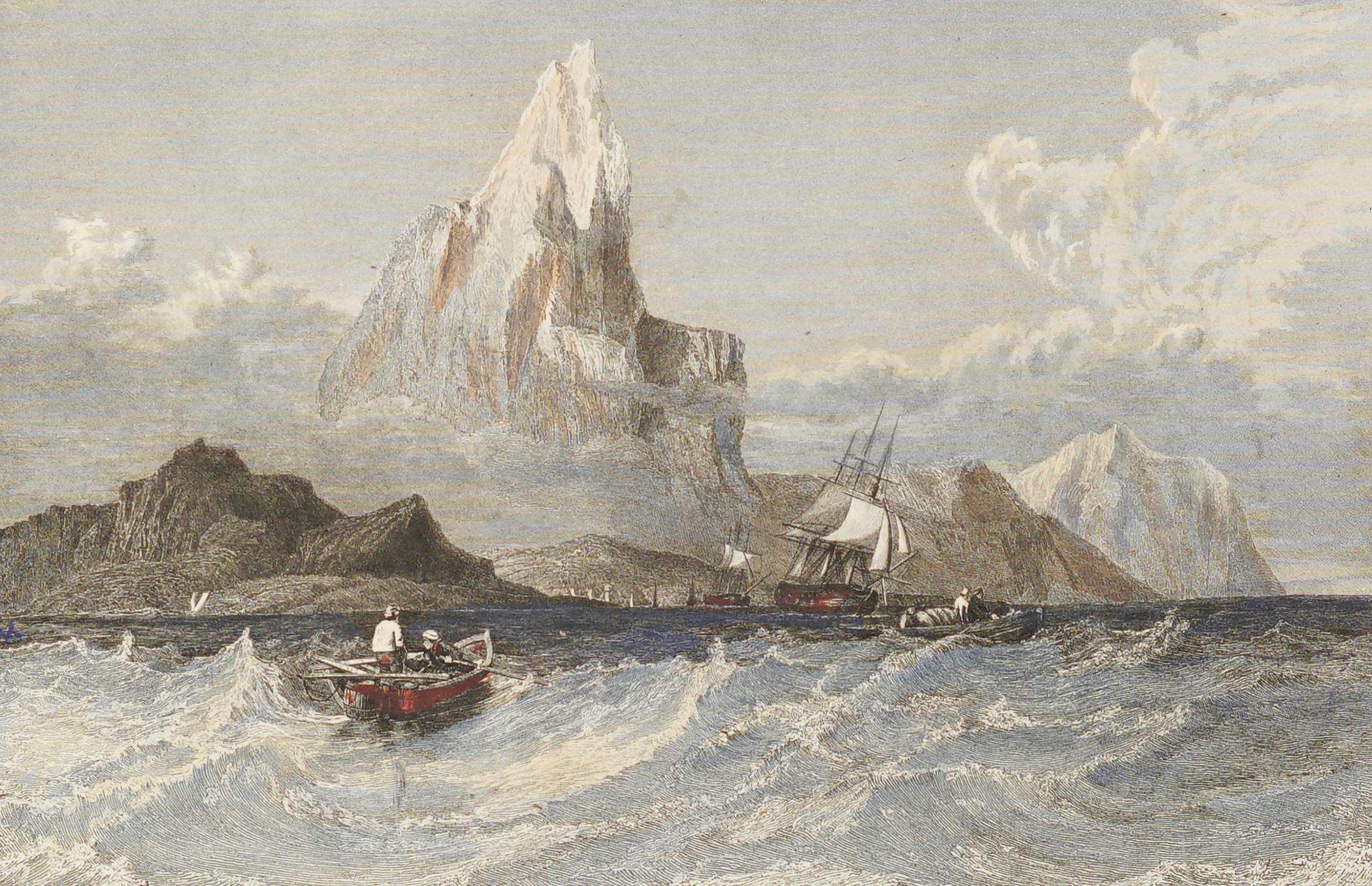 Original hand-colored c. 1850 engraving of Tenerife, Canary Islands.  Presented in a new antiqued gold wood frame with a blue conservation mat, and conservation acrylic glazing. Mat opening size: 5 x 6 1/2 inches.