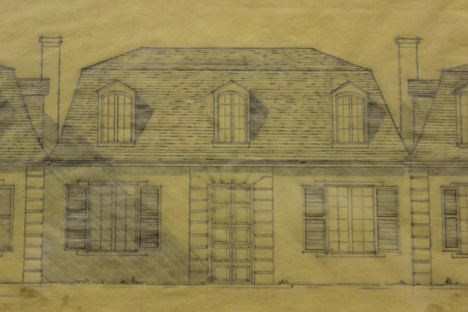 Architectural rendering on parchment paper depicting an imposing French style residence

Drawing Sz: 4 1/4