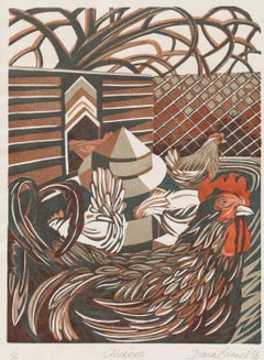 Diana Gunnell - Linoprint 1986 encadré, poulets