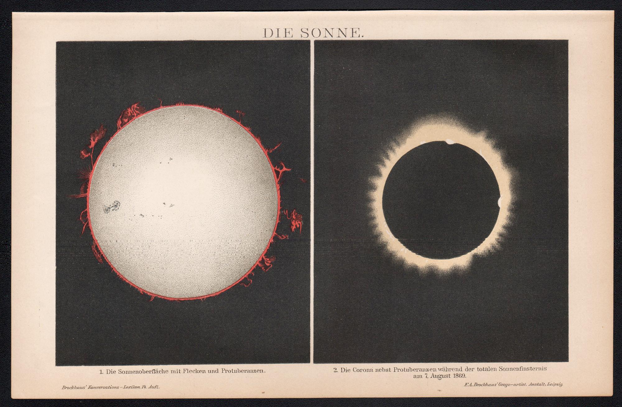 Die Sonne (Le Soleil). Chromolithographie ancienne d'astronomie, vers 1895 - Print de Unknown
