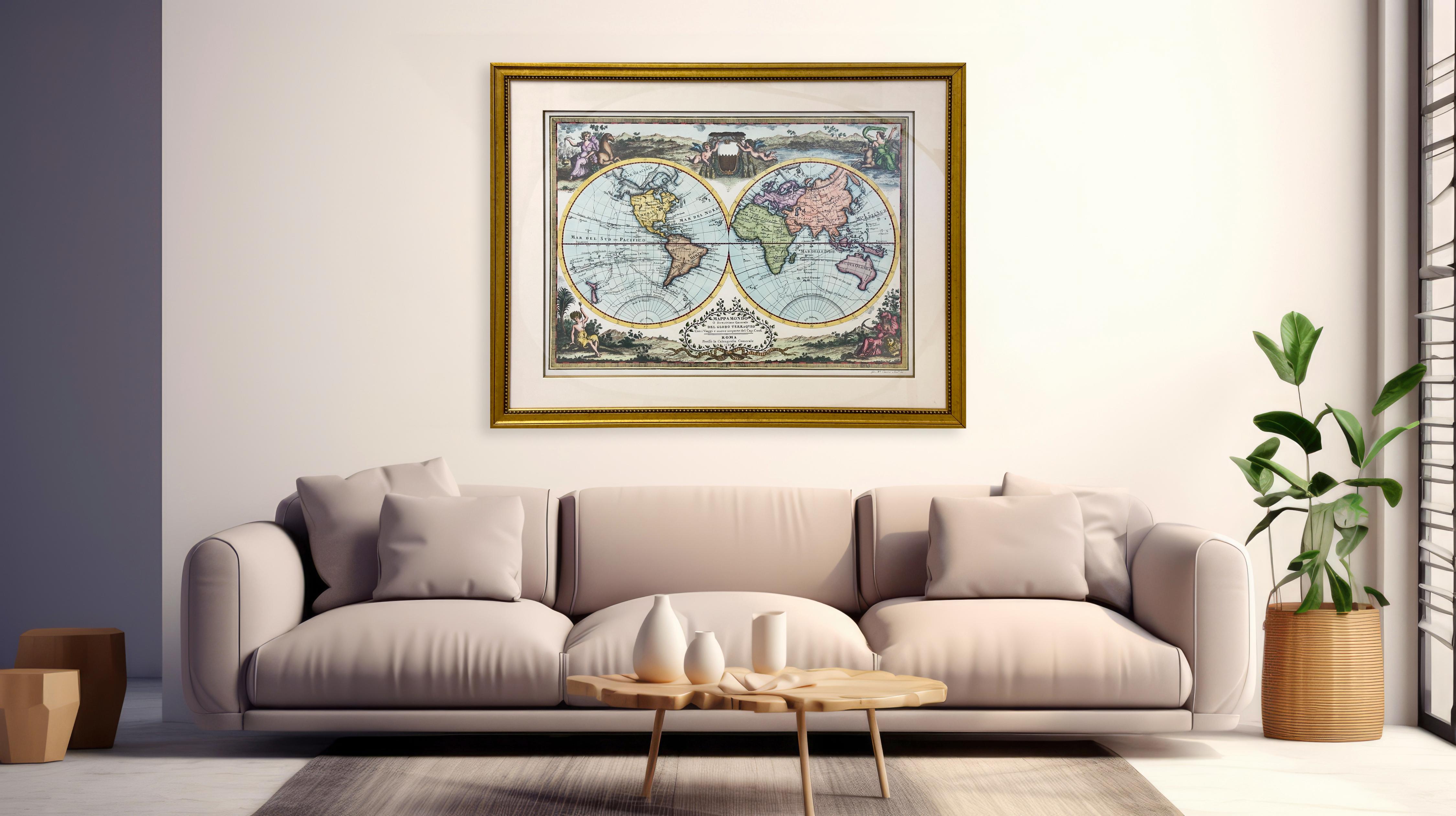 A double hemisphere old world map print. The map is a reproduction of the original of the 1788 Mapa Mondo made in Rome Italy. The map is decorated with cherubs , angels and demons with a garden scenery framing the double round maps.  The old world