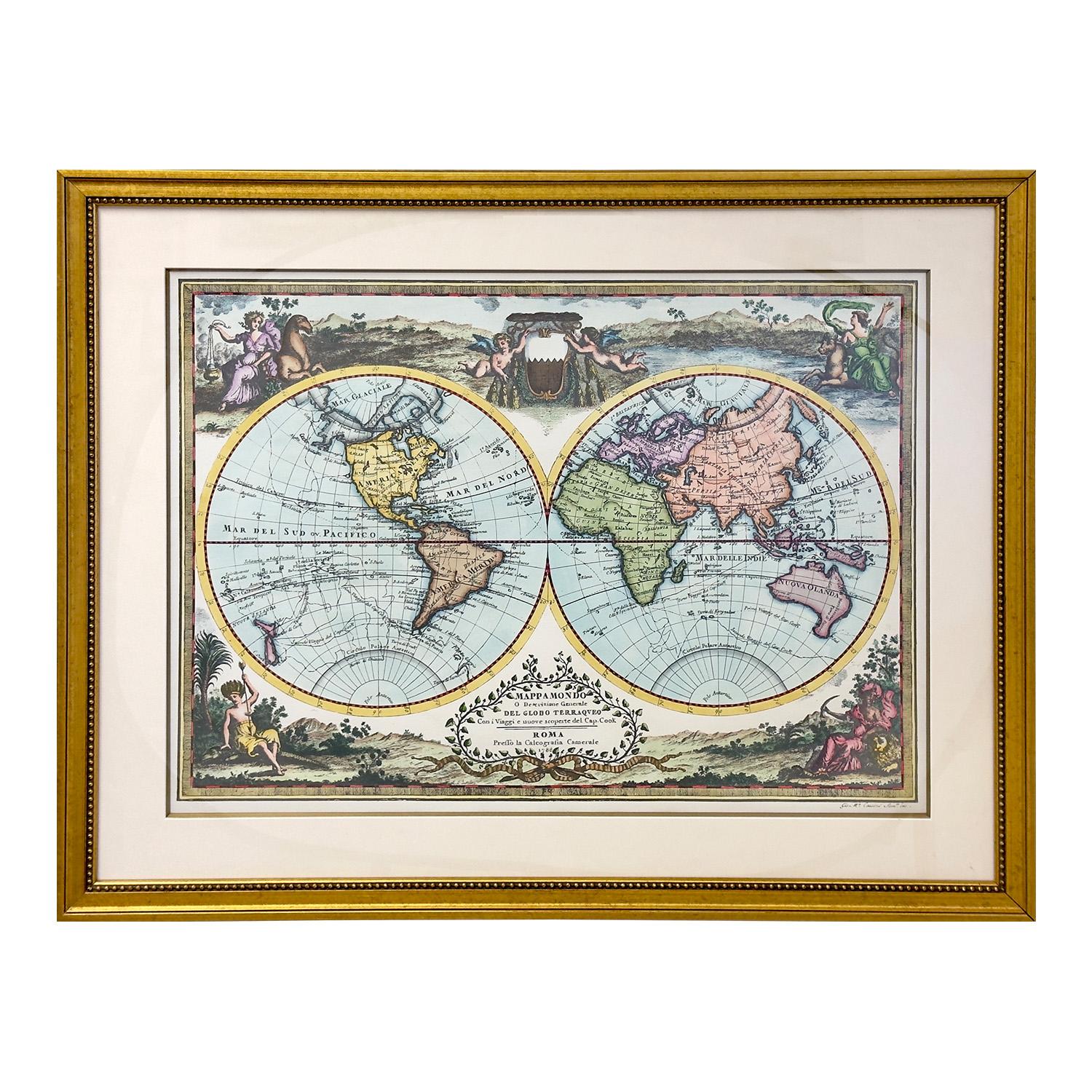 Unknown Landscape Print – Double Hemisphere Old World Map Druck,  Mattiert & gerahmt