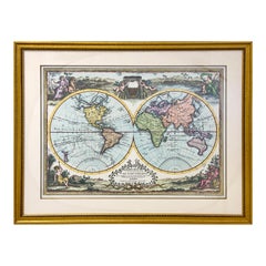 Vintage Double Hemisphere Old World Map Print,  Matted & Framed