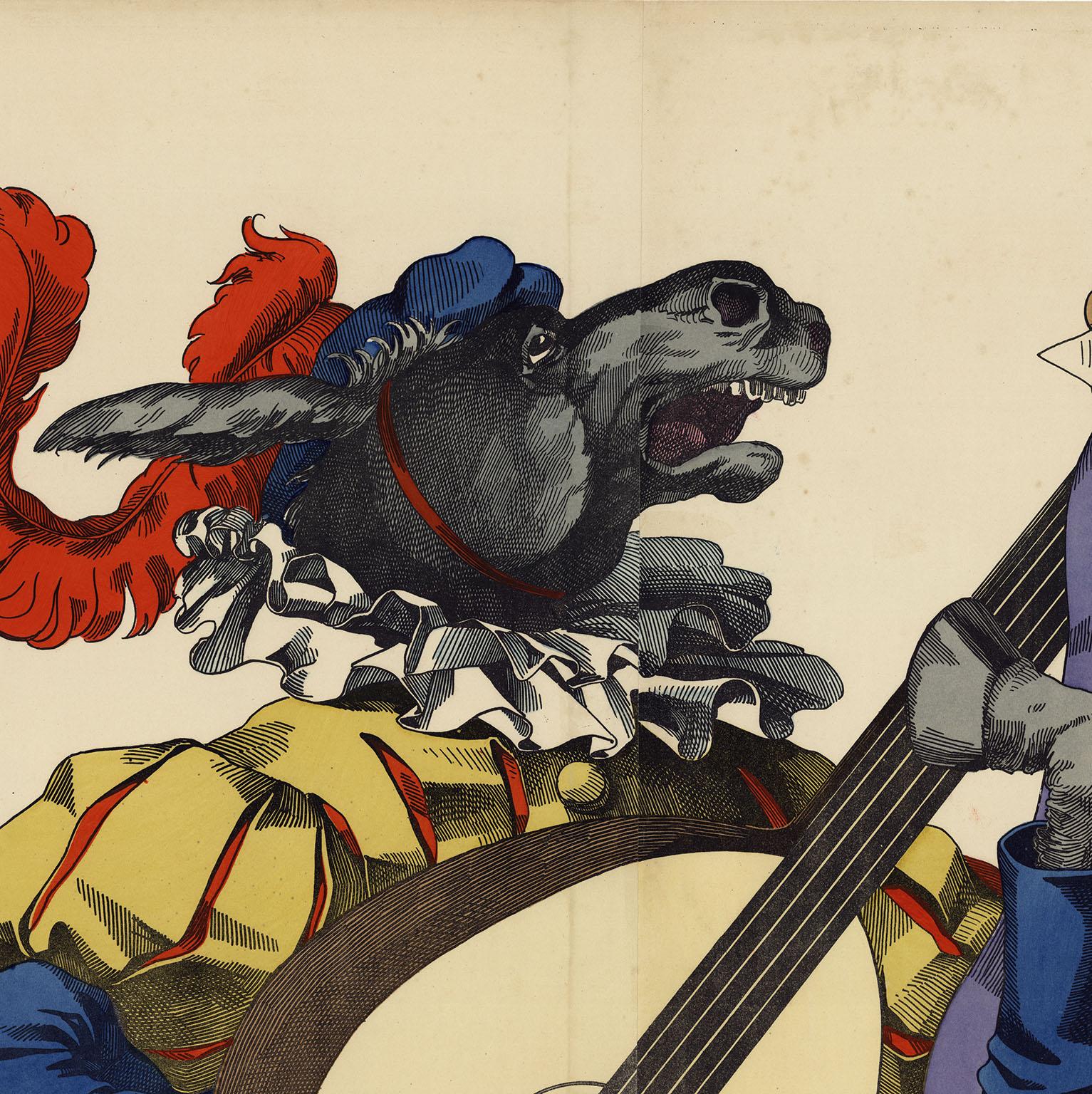 Du, du liegst mir im Herzen.  [Musicians of Bremen.]

This brightly colored large-scale color lithograph was published by C. Burckardt,  Deponirt 