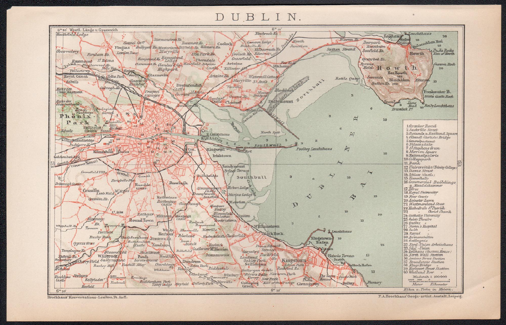 Dublin, Irland. Antike Karte Stadtplan Chromolithographie, um 1895 – Print von Unknown