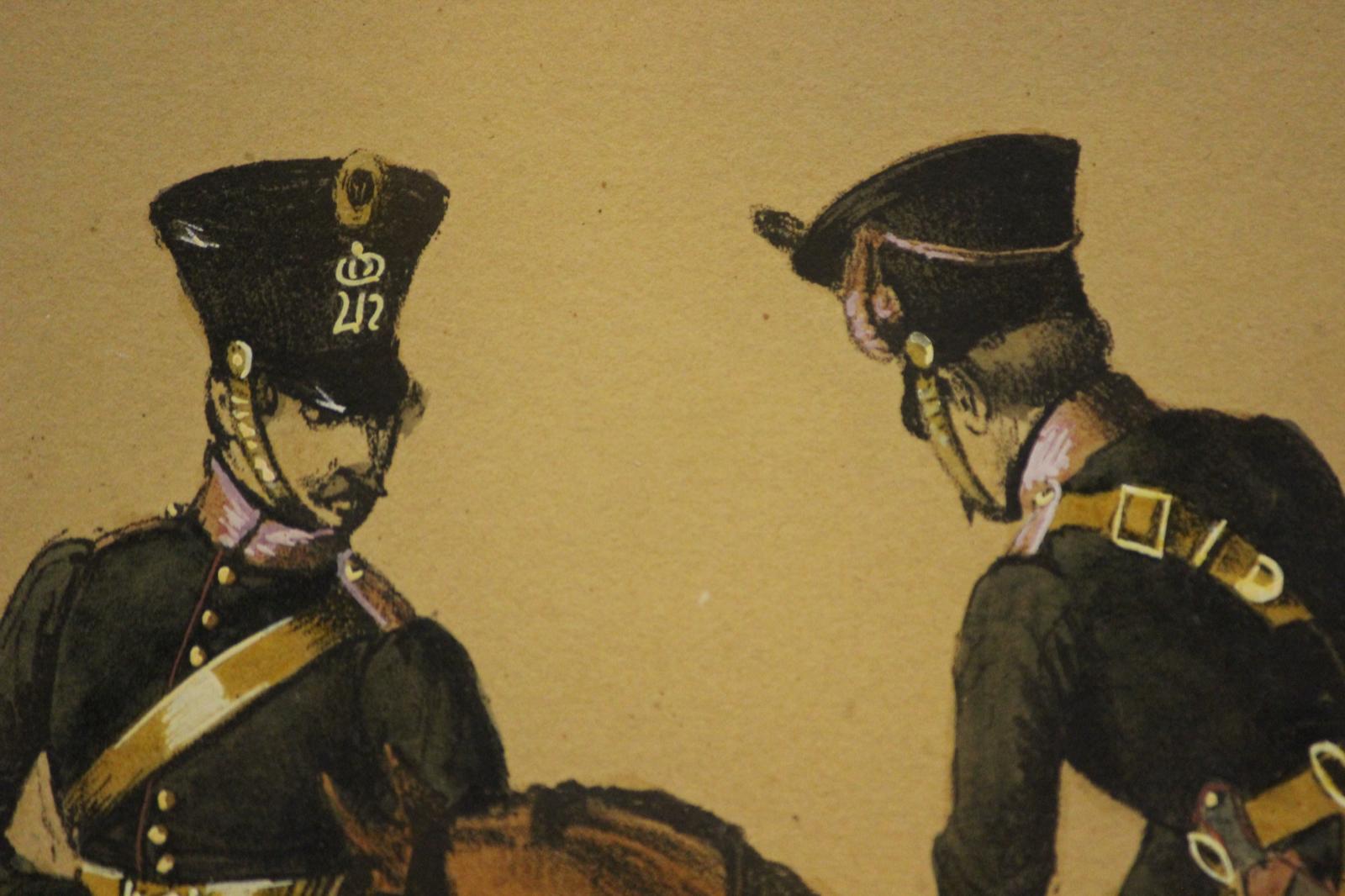 Stylish equestrian cavalry colour plate w/ hand-gouache highlights depicting two gendarmerie officers en grande tenue

Art Sz: 12