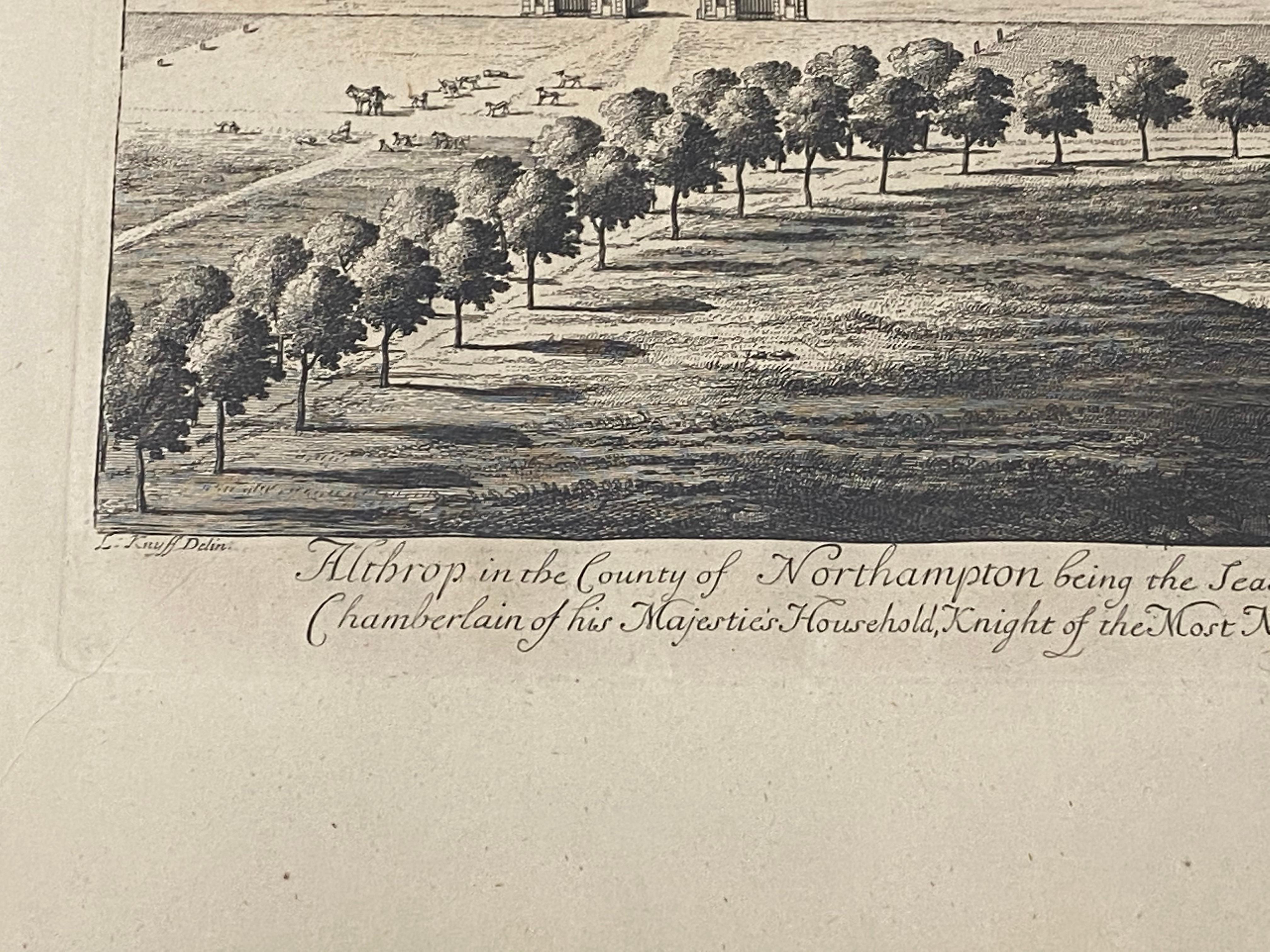 Gravur aus dem frühen 18. Jahrhundert, „Birdseye View of Althrop House and Gardens“, ca. 1724 – Print von Unknown