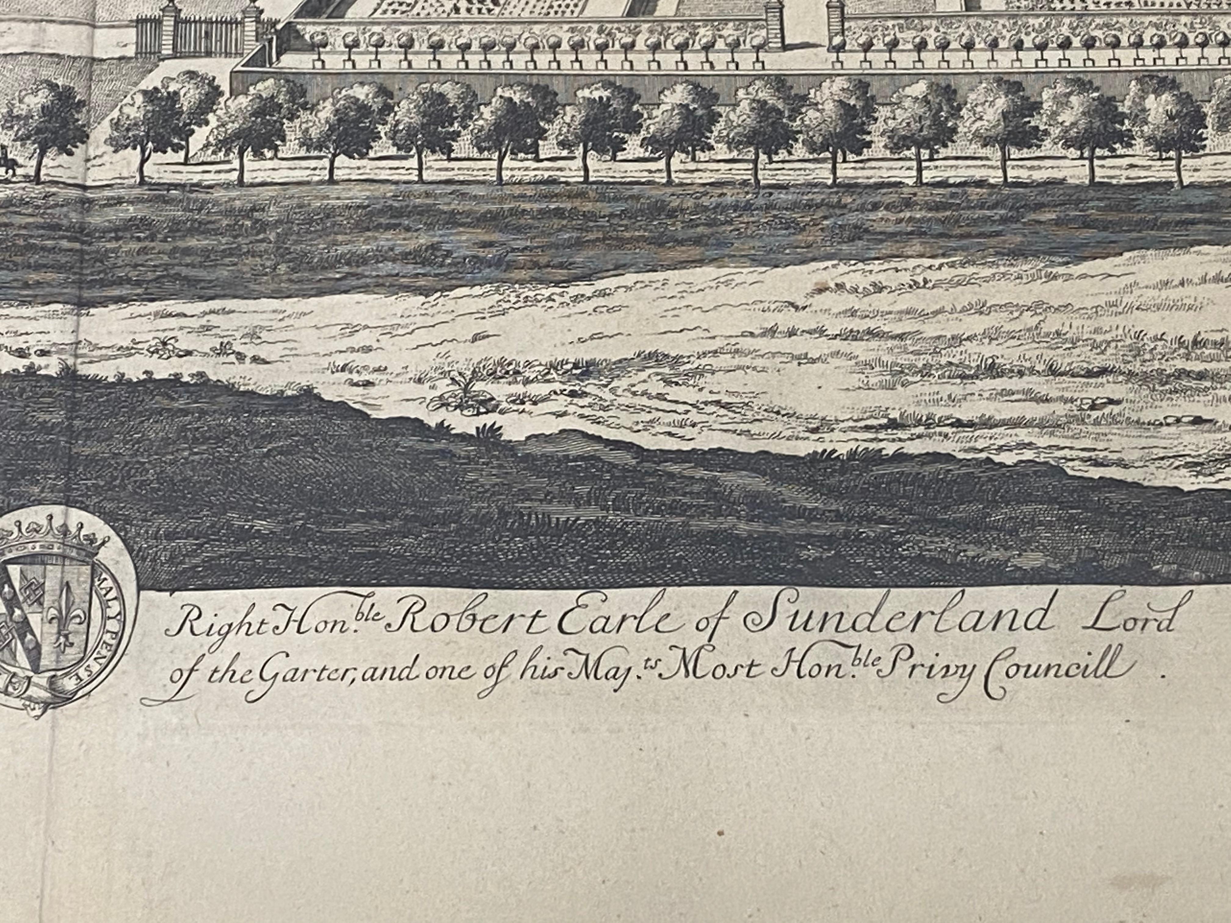 Gravure du début du XVIIIe siècle « Birdeye View of Althrop House and Gardens » (Vue d'un œil d'oiseau de la maison et des jardins d'Althrop) C.1724 - Beige Landscape Print par Unknown