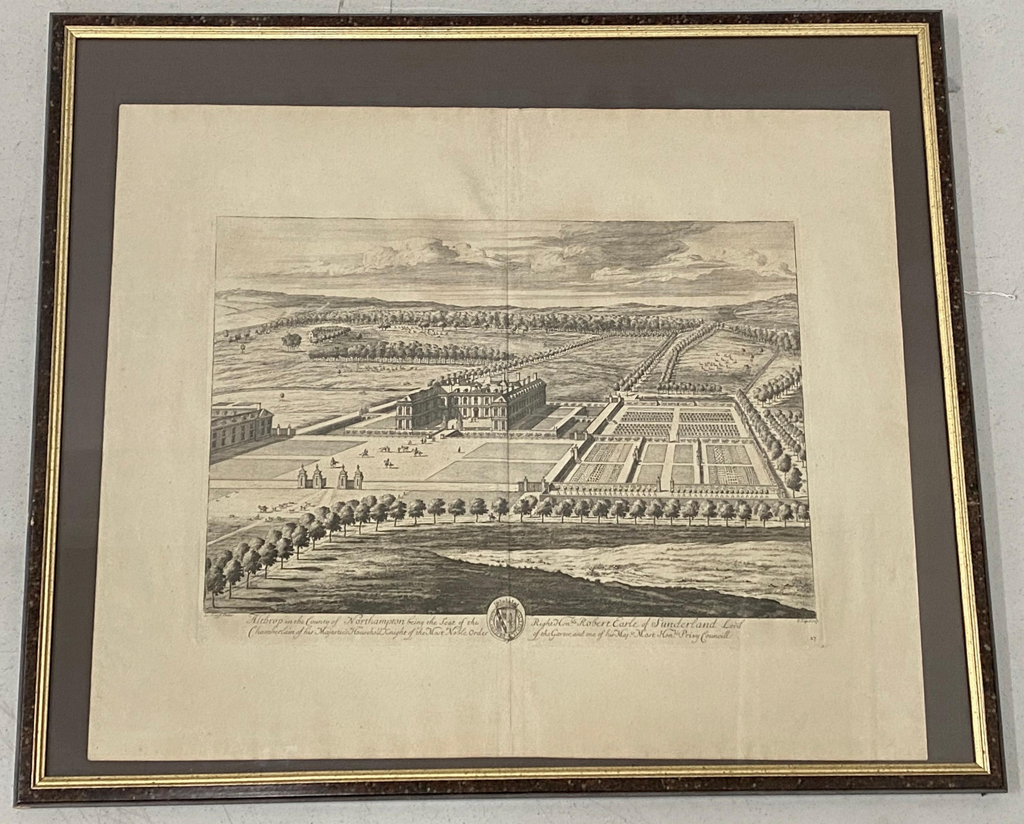 Unknown Landscape Print - Early 18th Century Engraving "Birdseye View of Althrop House and Gardens" C.1724