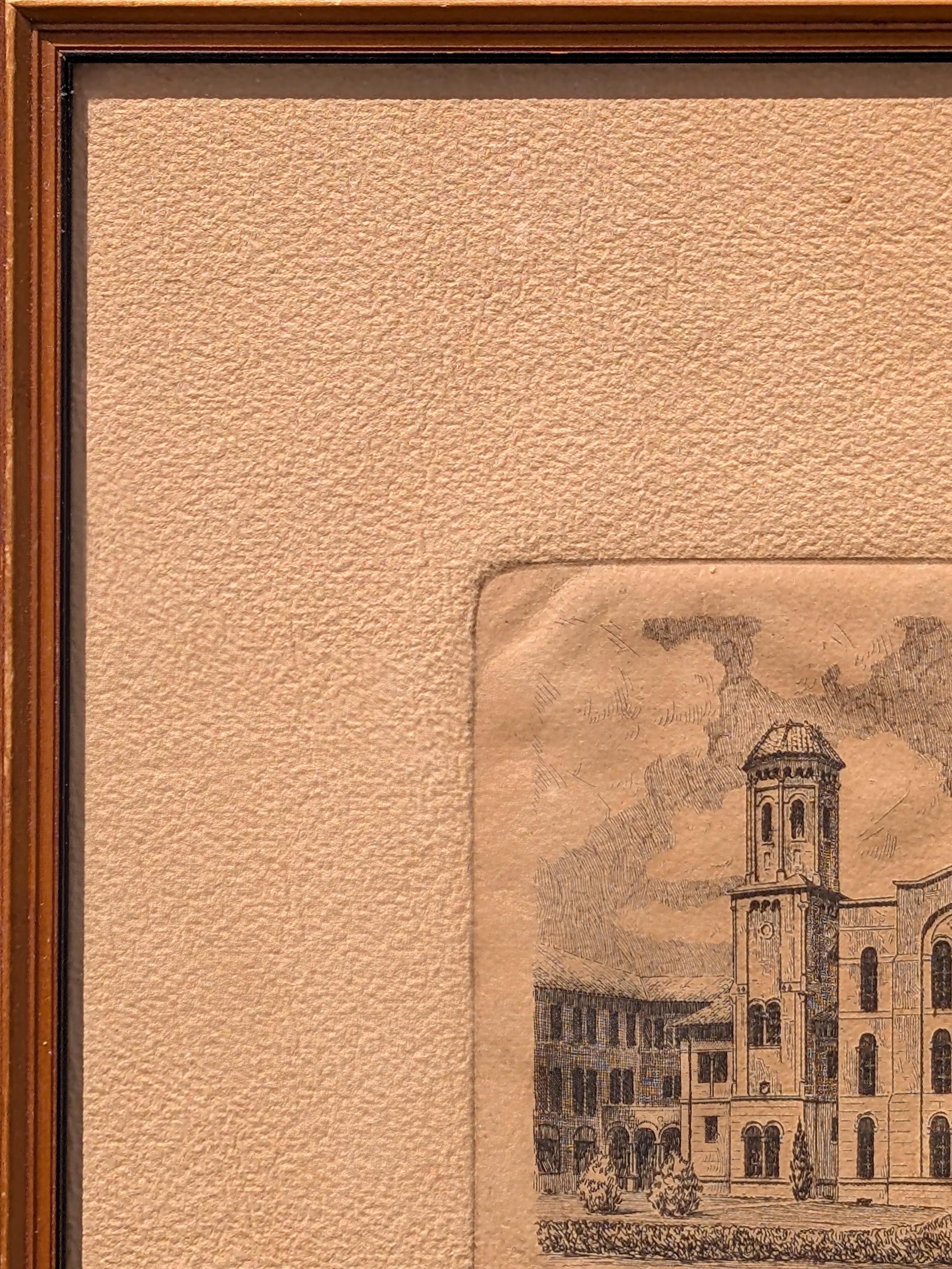Grabado realista de principios de 1945 de la arquitectura de la Universidad Rice en Houston, TX en venta 7