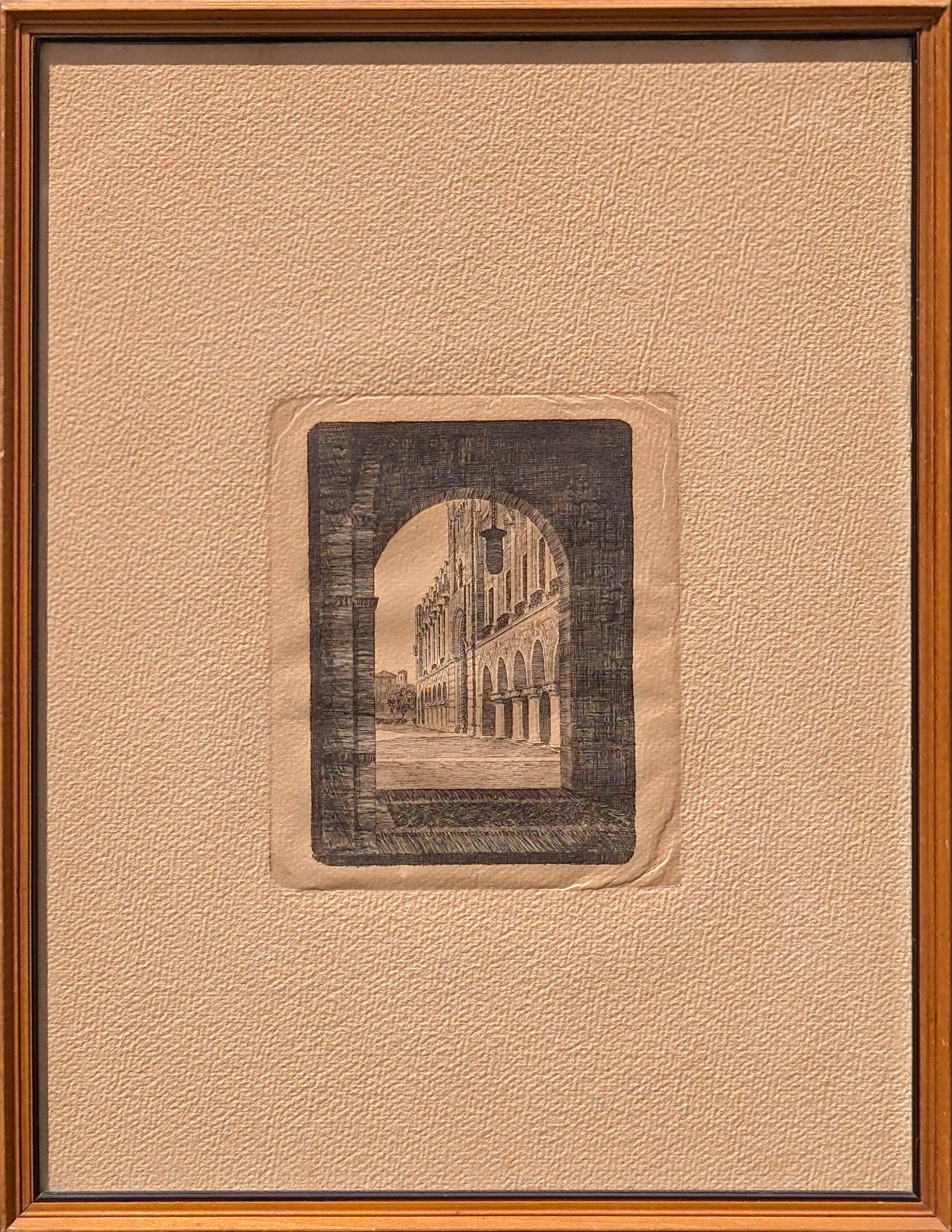 Interior Print de Unknown - Grabado realista de principios de 1945 de la arquitectura de la Universidad Rice en Houston, TX