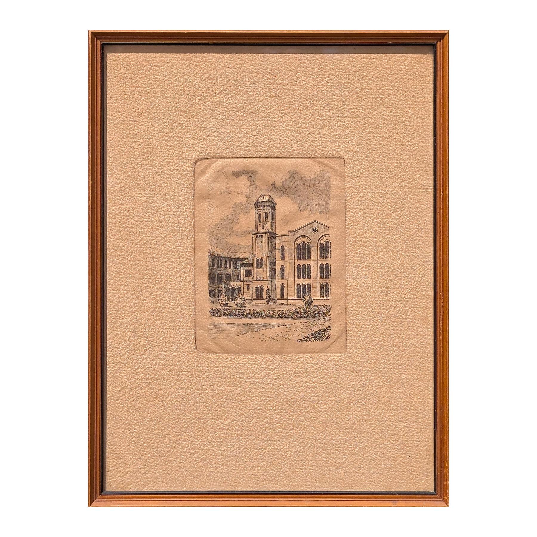 Grabado realista de principios de 1945 de la arquitectura del edificio de la Universidad Rice Houston, TX - Print de Unknown