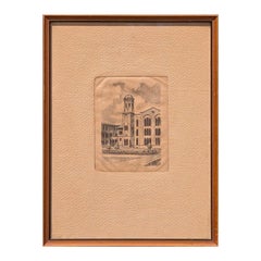Early 1945 Realist Etching of Rice University Building Architecture Houston, TX