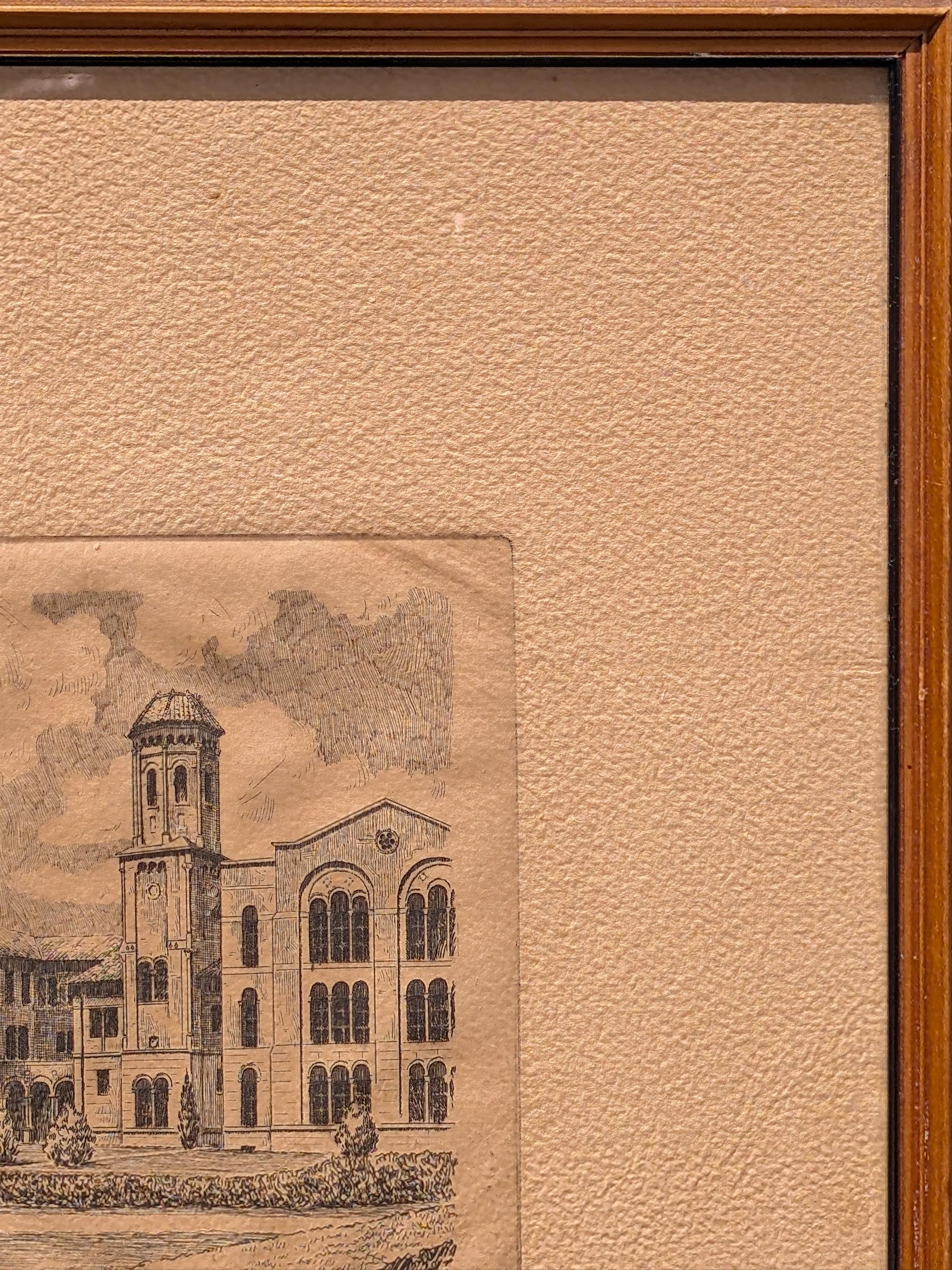 Grabado realista de principios de 1945 de la arquitectura del edificio de la Universidad Rice Houston, TX - Interior Print Beige de Unknown