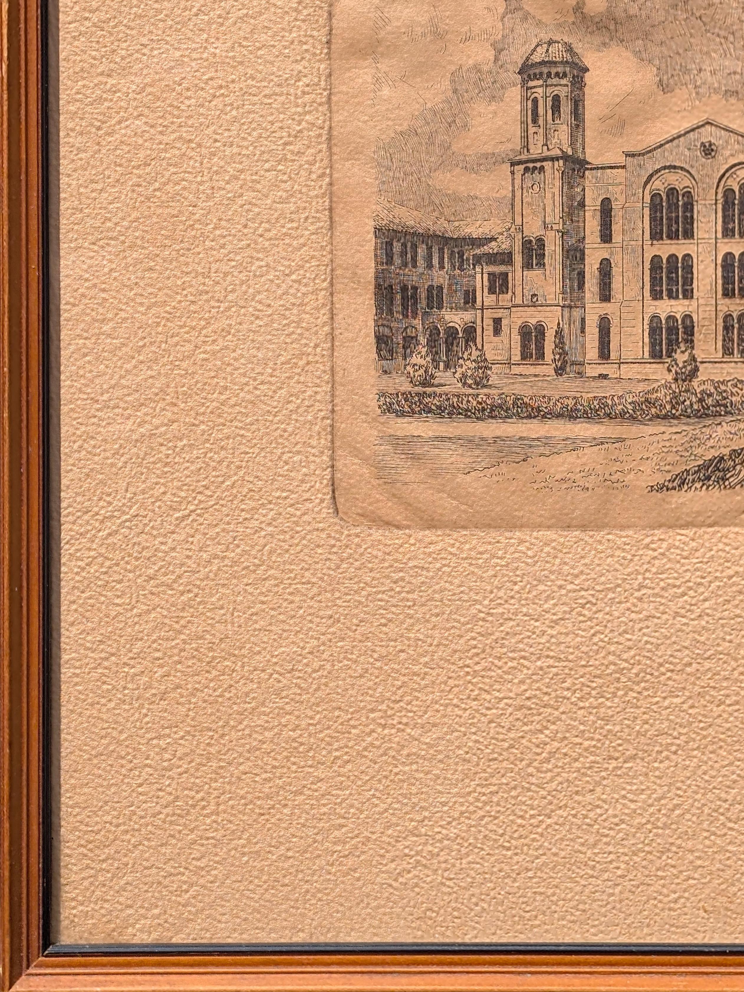 Grabado realista de principios de 1945 de la arquitectura del edificio de la Universidad Rice Houston, TX en venta 1