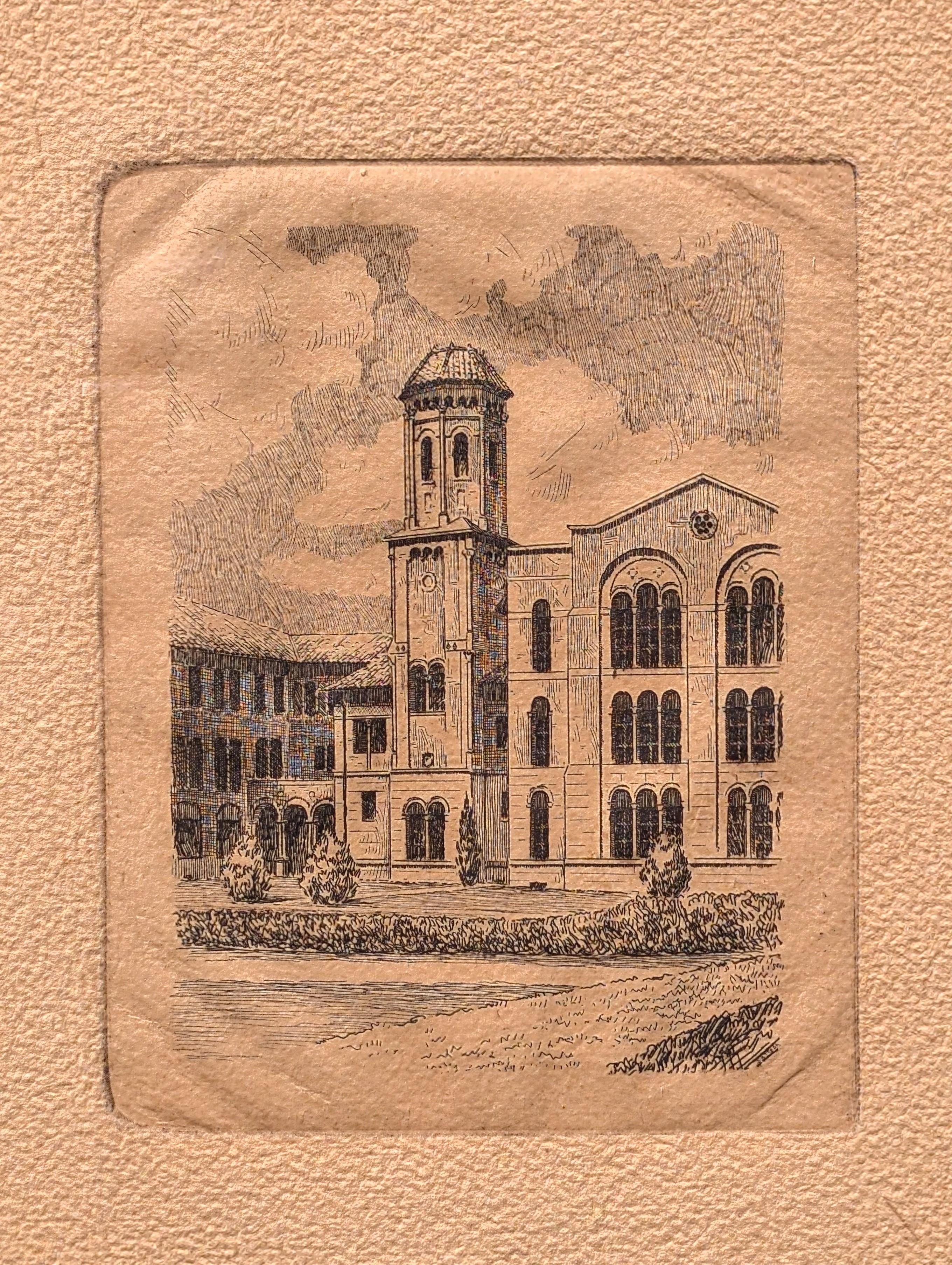 Grabado realista de principios de 1945 de la arquitectura del edificio de la Universidad Rice Houston, TX en venta 2
