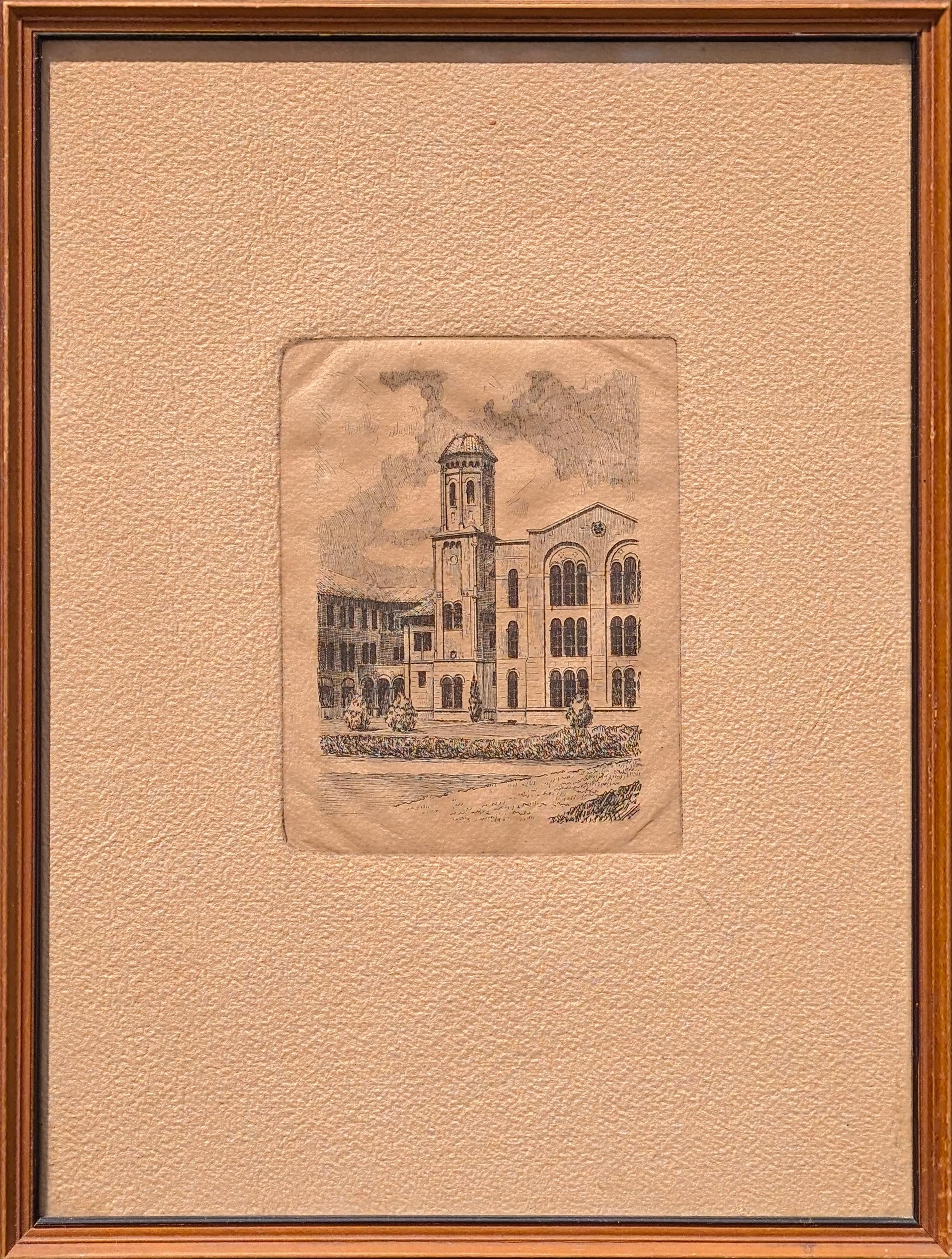 Interior Print de Unknown - Grabado realista de principios de 1945 de la arquitectura del edificio de la Universidad Rice Houston, TX