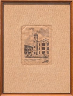 Grabado realista de principios de 1945 de la arquitectura del edificio de la Universidad Rice Houston, TX