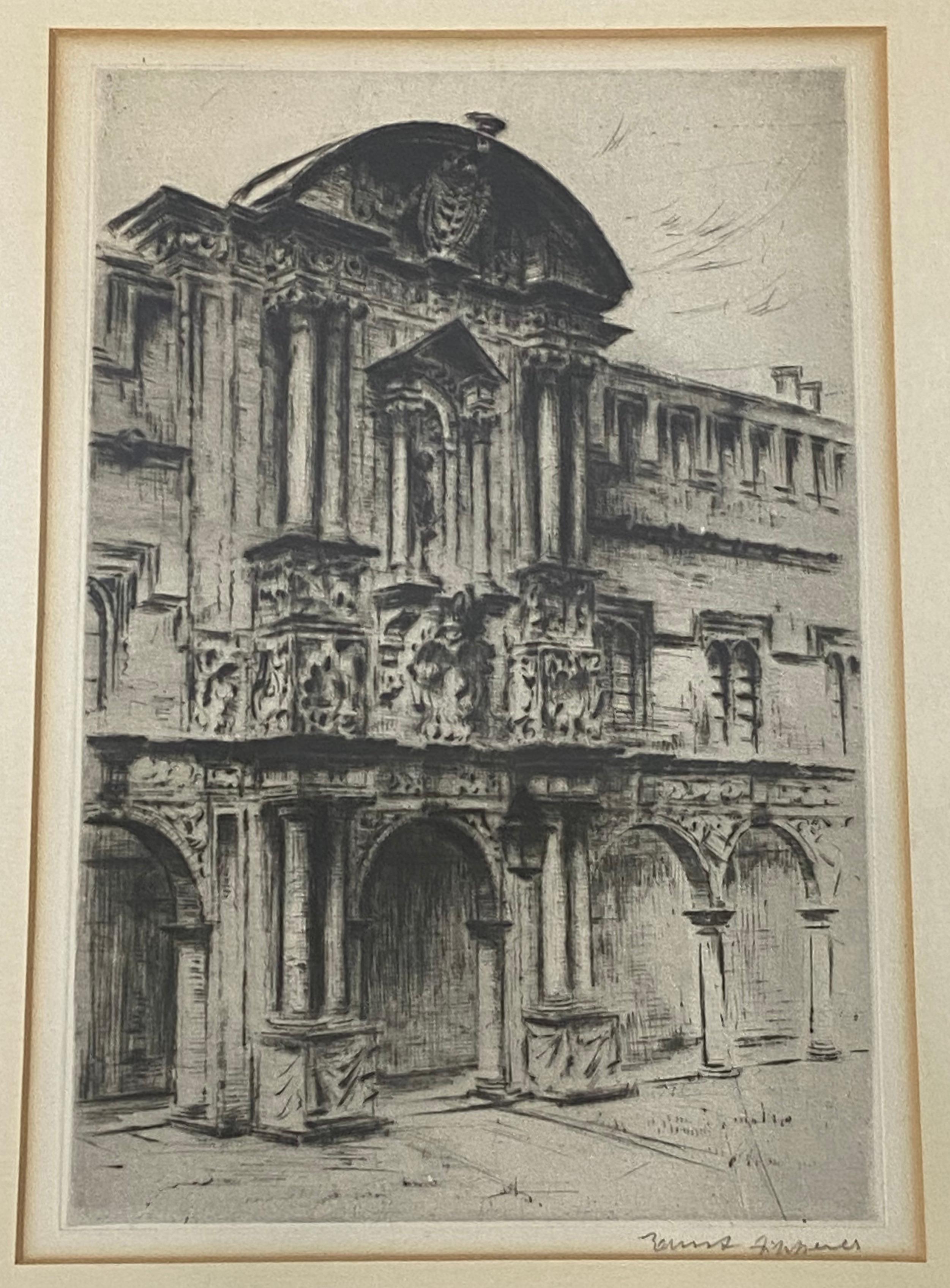 Early 20th Century European Architecture Drypoint Etching c.1930 - Gray Landscape Print by Unknown