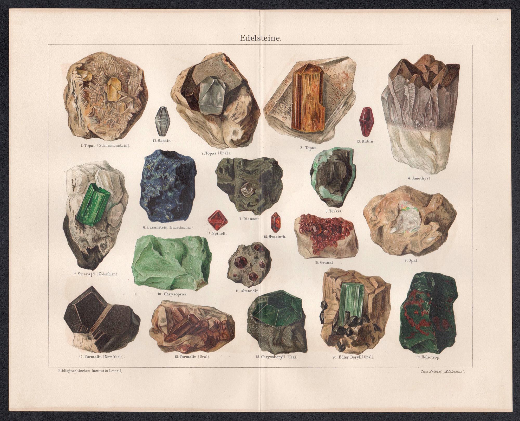 Edelsteine (pierres précieuses), gravure de bijoux allemande de géologie ancienne - Print de Unknown