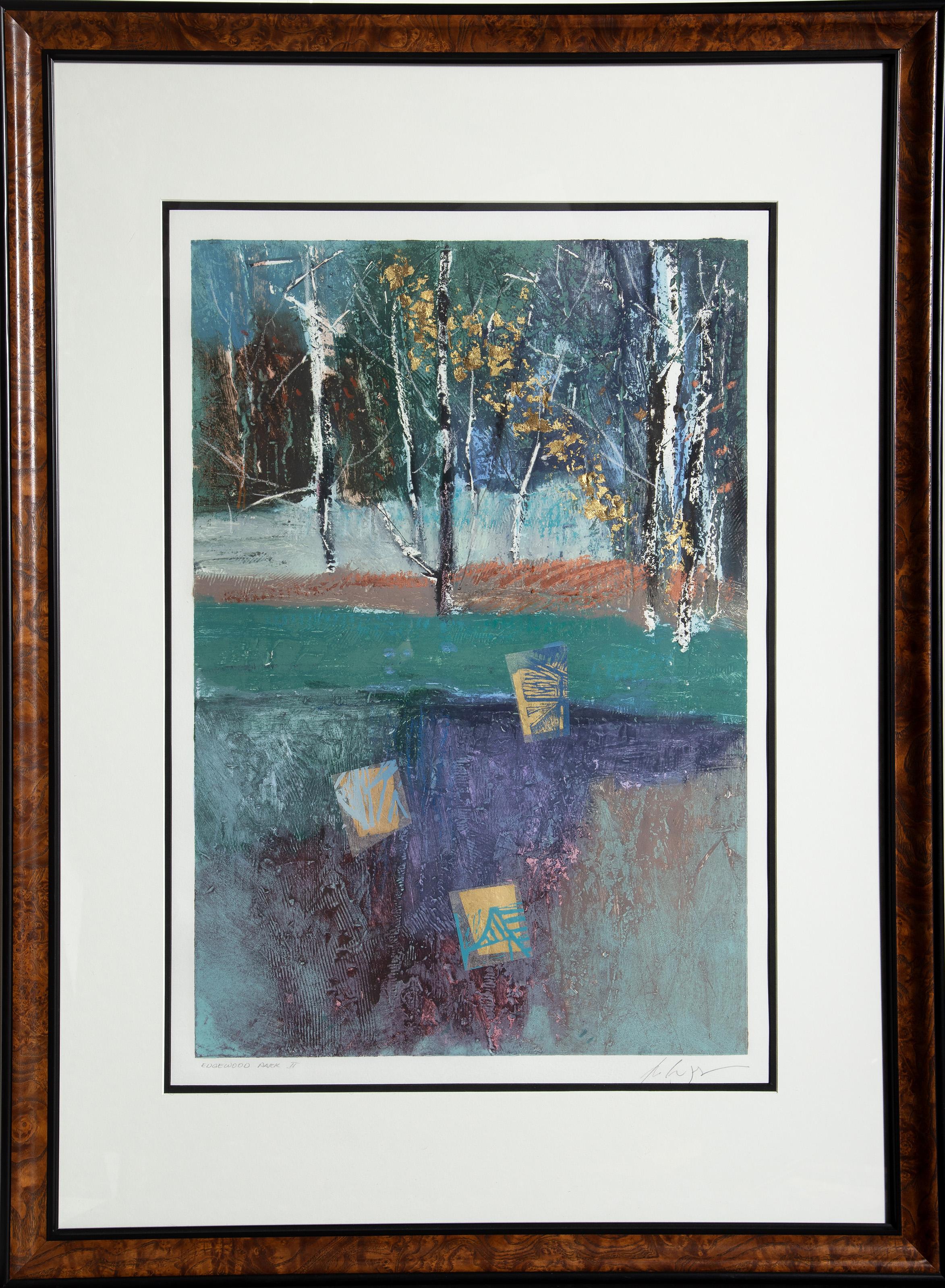 Manuel JR, philippin (1942 - ) -  Parc Edgewood II. Moyen : Monographie avec acrylique, feuille d'or et techniques mixtes sur papier, signée et titrée au crayon, Taille de l'image : 29.25 x 19.75, Taille : 41 x 29.5 in. (104.14 x 74.93 cm), Taille