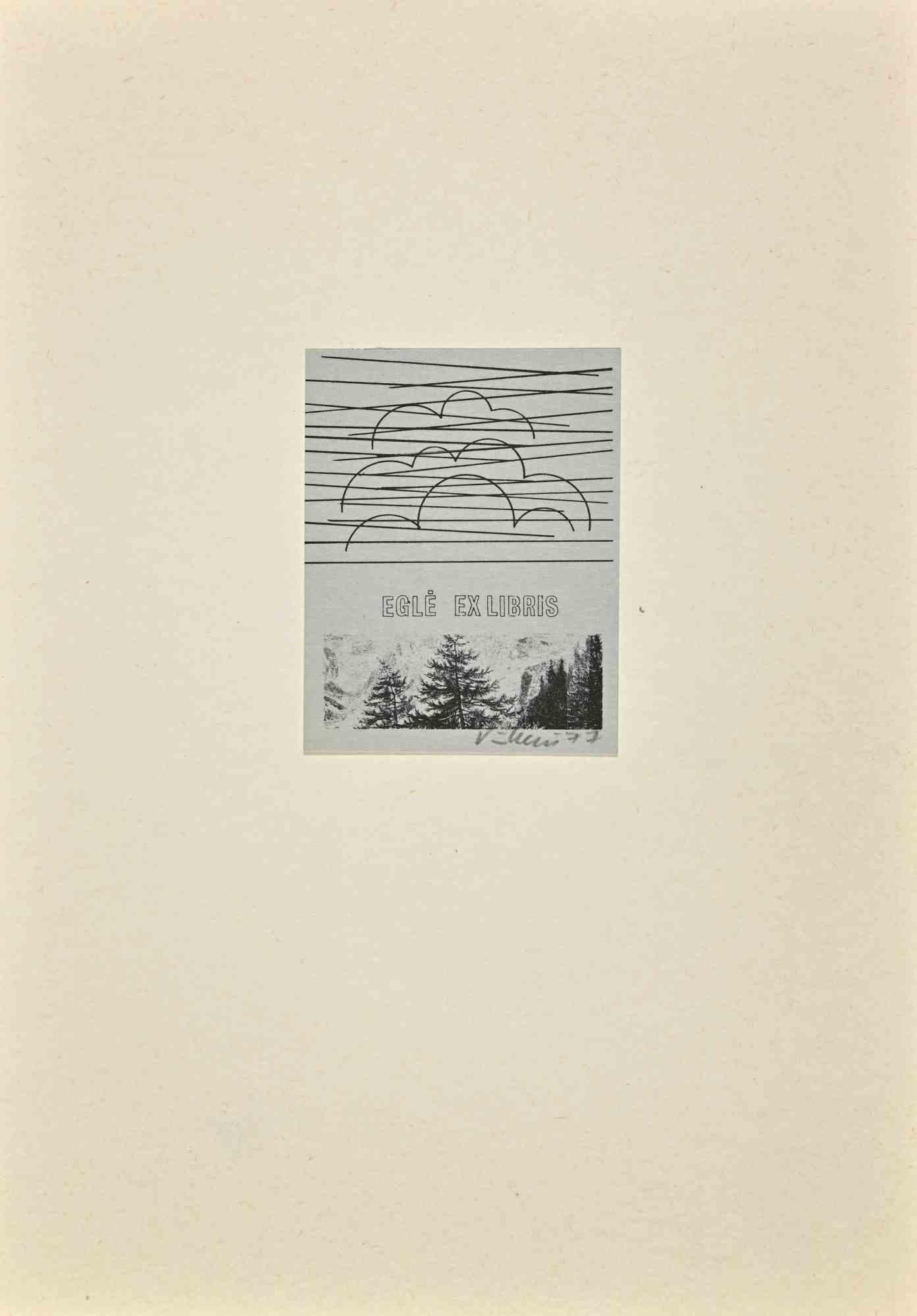 Unknown Figurative Print - Eglé - Ex-Libris - Woodcut - 1977