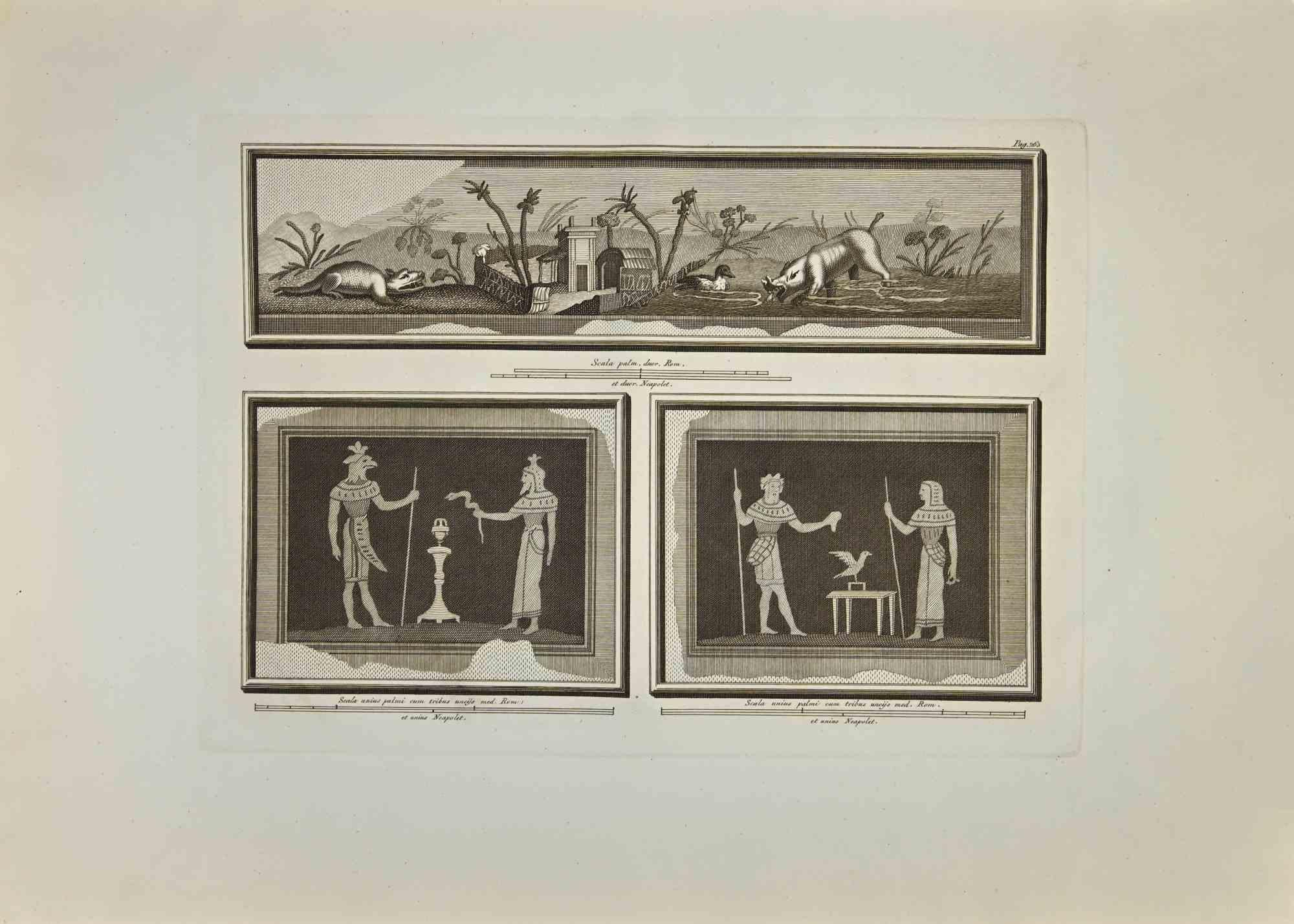 Unknown Figurative Print – Ägyptische Gottheiten und exotische Tiere – Radierung – 18. Jahrhundert