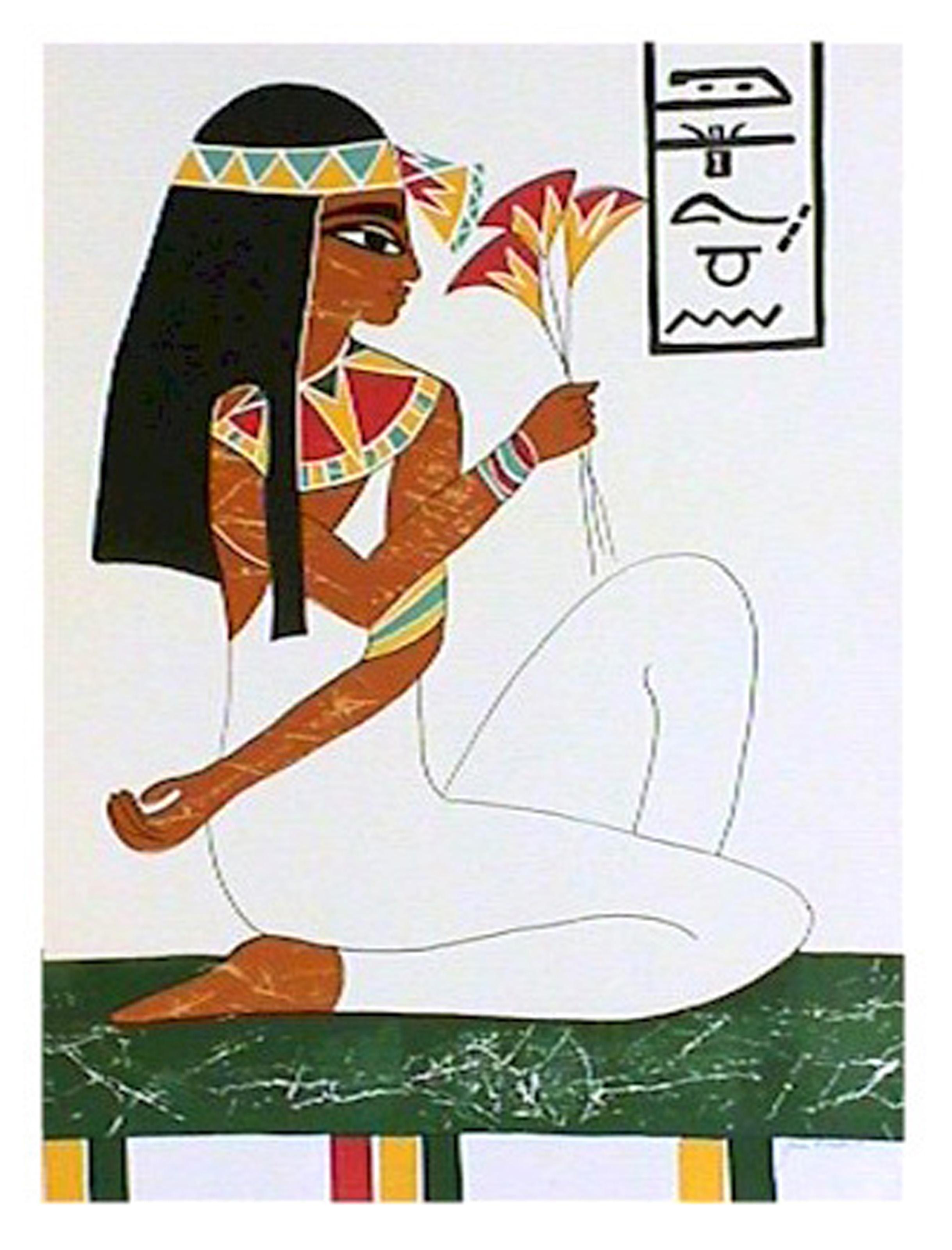 Gina Lombardi Bratter, americana - Dea egizia con fiore, anno:  1979, Medio:  Litografia, firmata e numerata a matita, Edizione:  AP 30, Dimensioni:  30 in. x 23 in. (76,2 cm x 58,42 cm), Descrizione:  Seduta su una panchina con un fiore rosso in